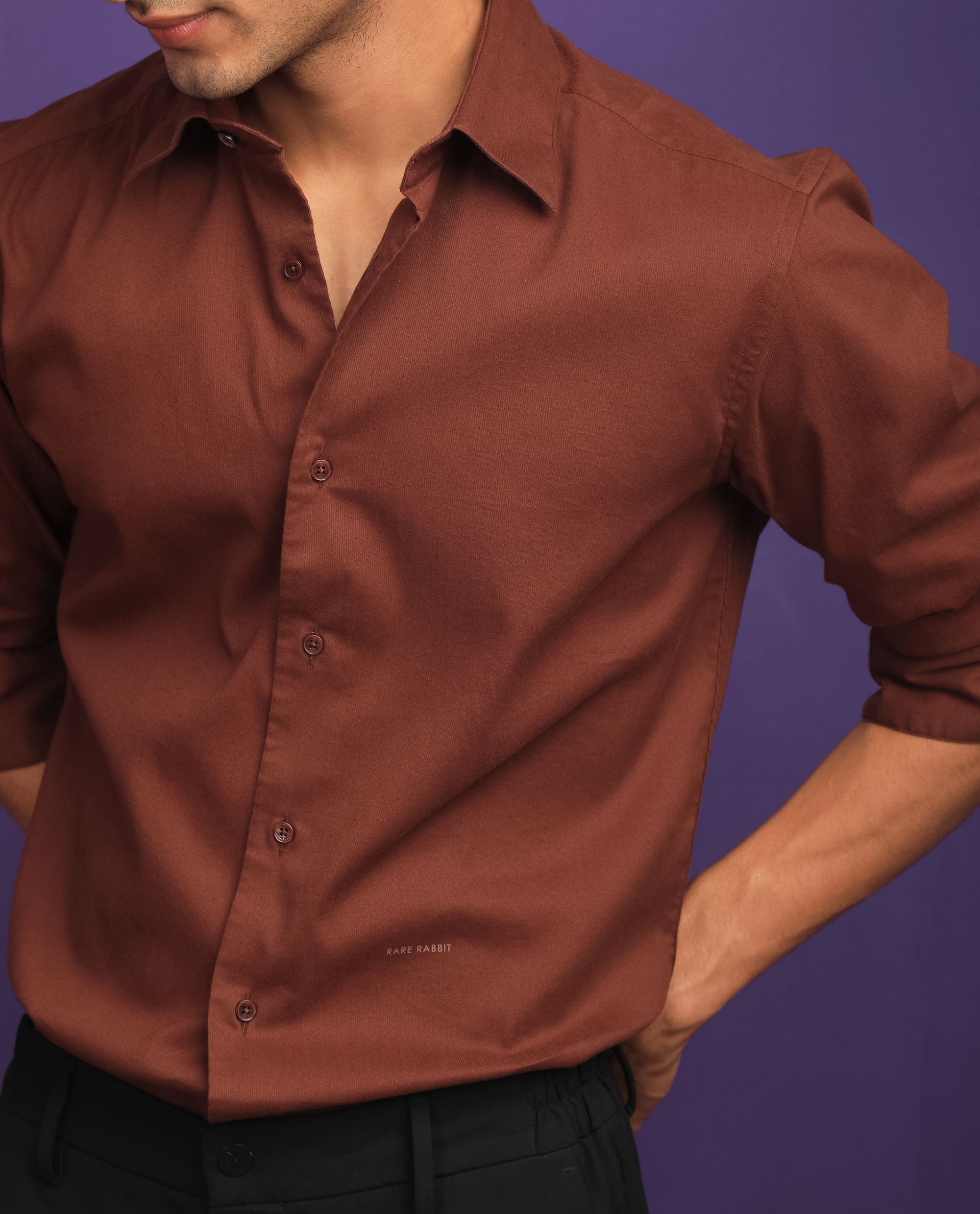 Rare Rabbit Men's Bicton Brown Cotton Lycra Fabric Full Sleeves Solid Twill Shirt