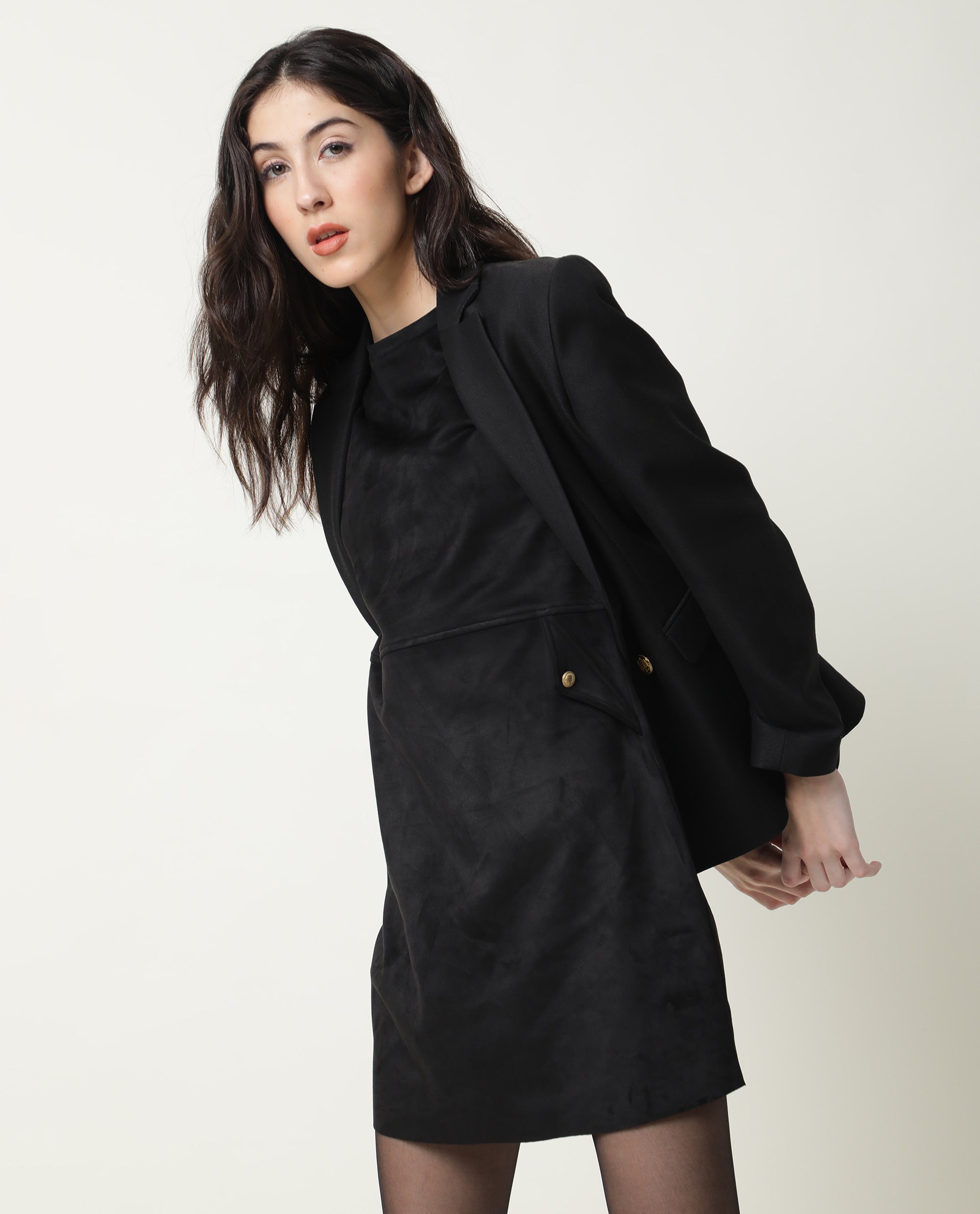 Rareism Women Sions Black Round Neck Short Sleeves Mini Dress