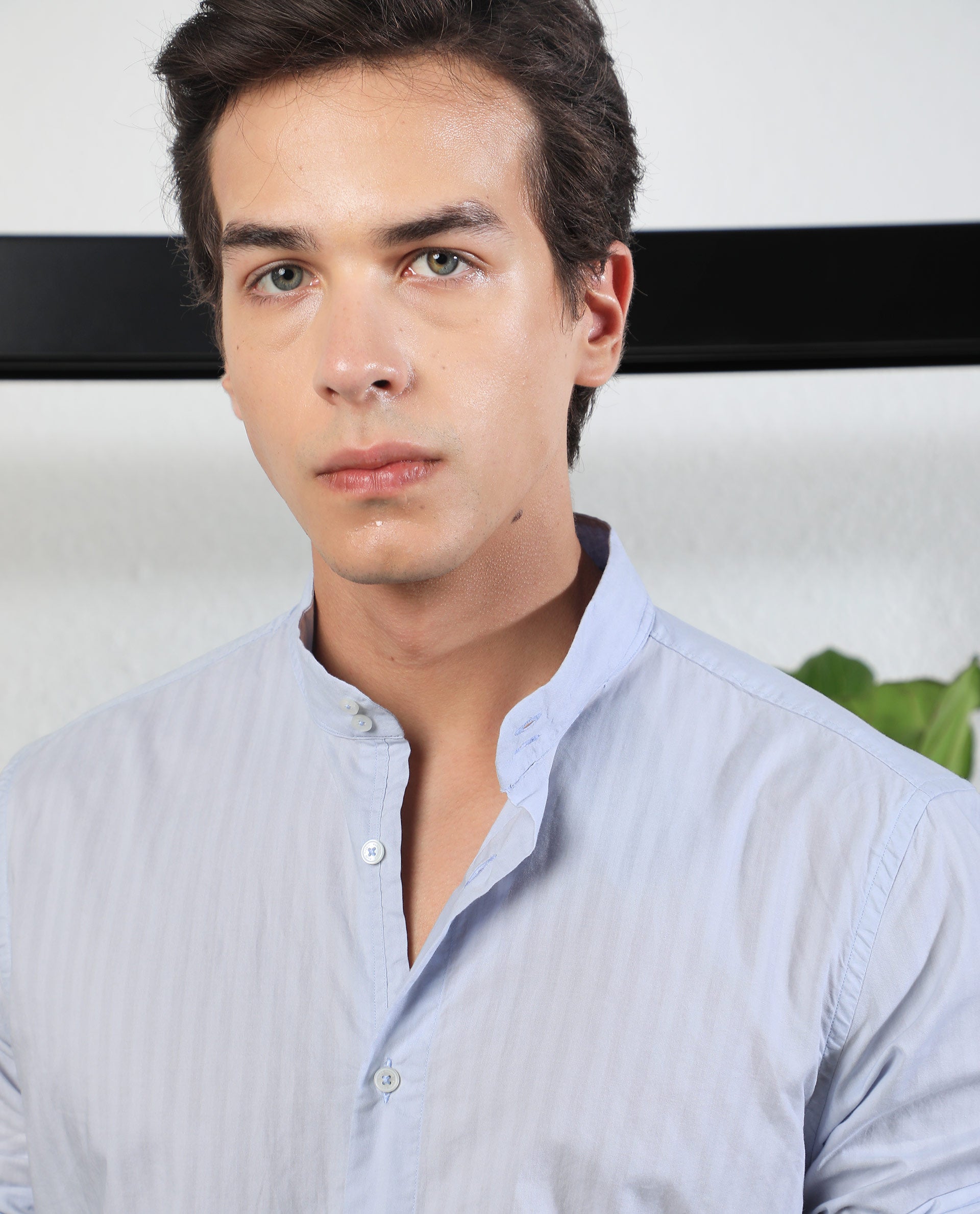 Rare Rabbit Men's Barss Blue Cotton Fabric High-Neck Mandarin Collar Full Sleeves Striped Shirt