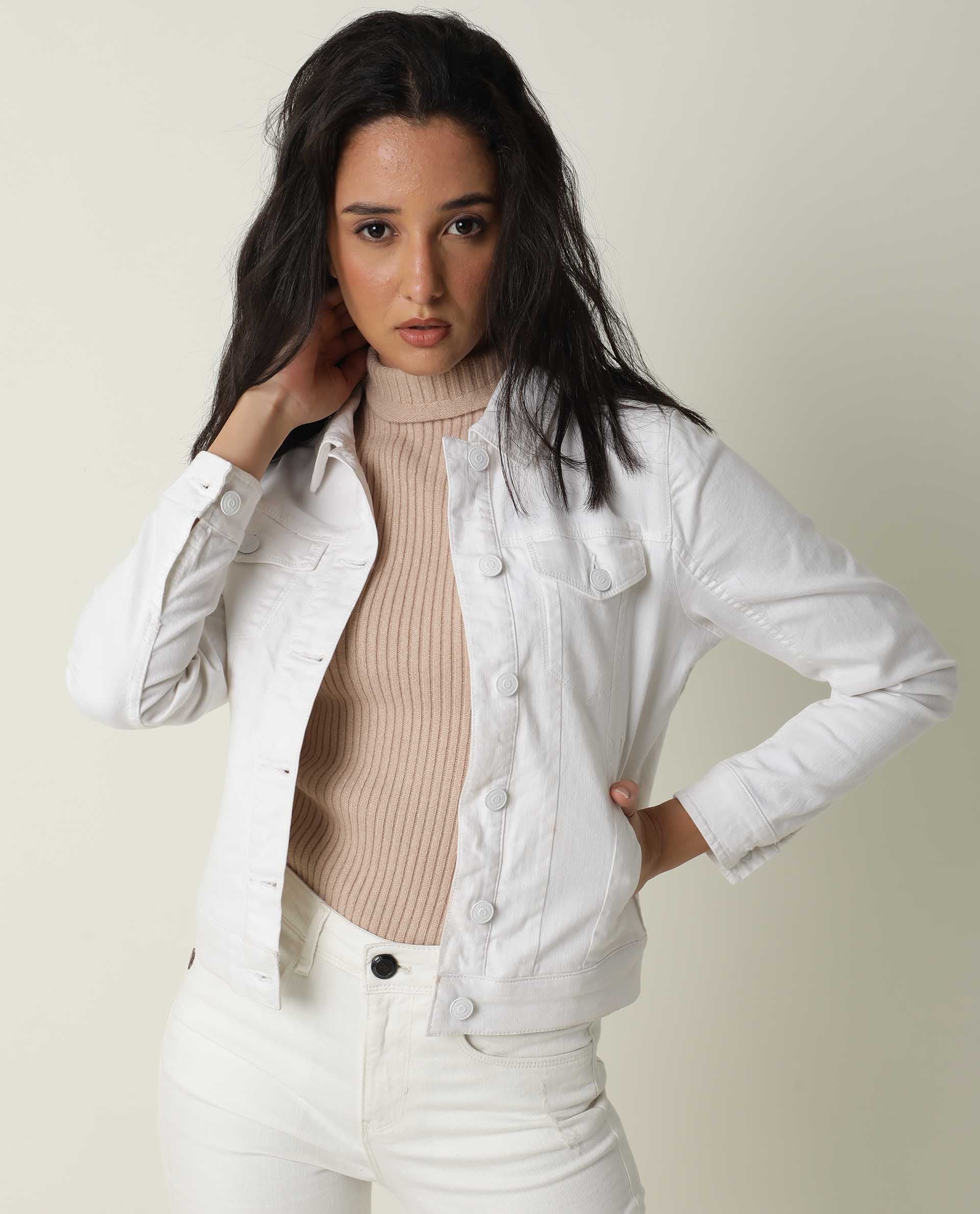 Rareism Women Misso White Cotton Lycra Fabric Full Sleeves Solid Shirt Collar Jacket