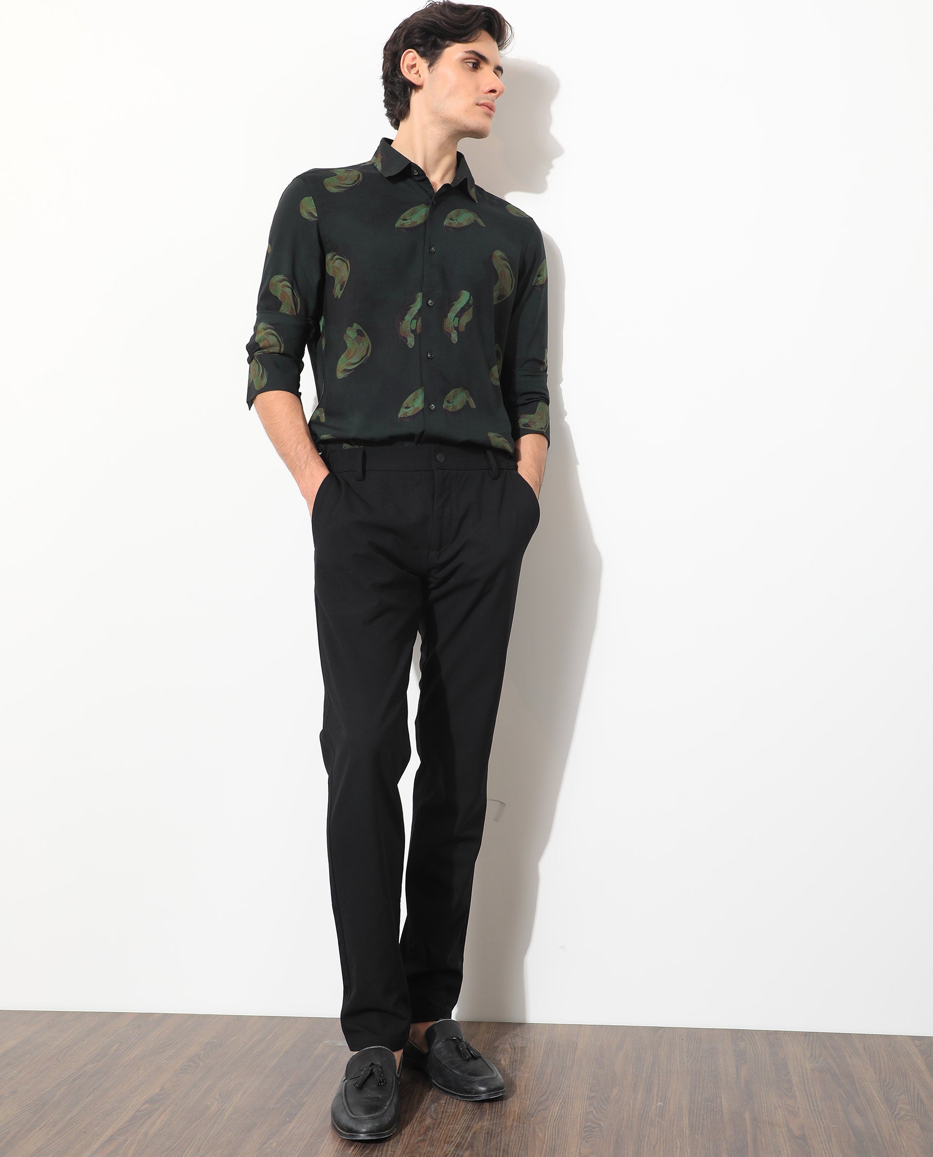 Rare Rabbit Men's Inari Dark Green Viscose Fabric Abstract Print Full Sleeves Shirt