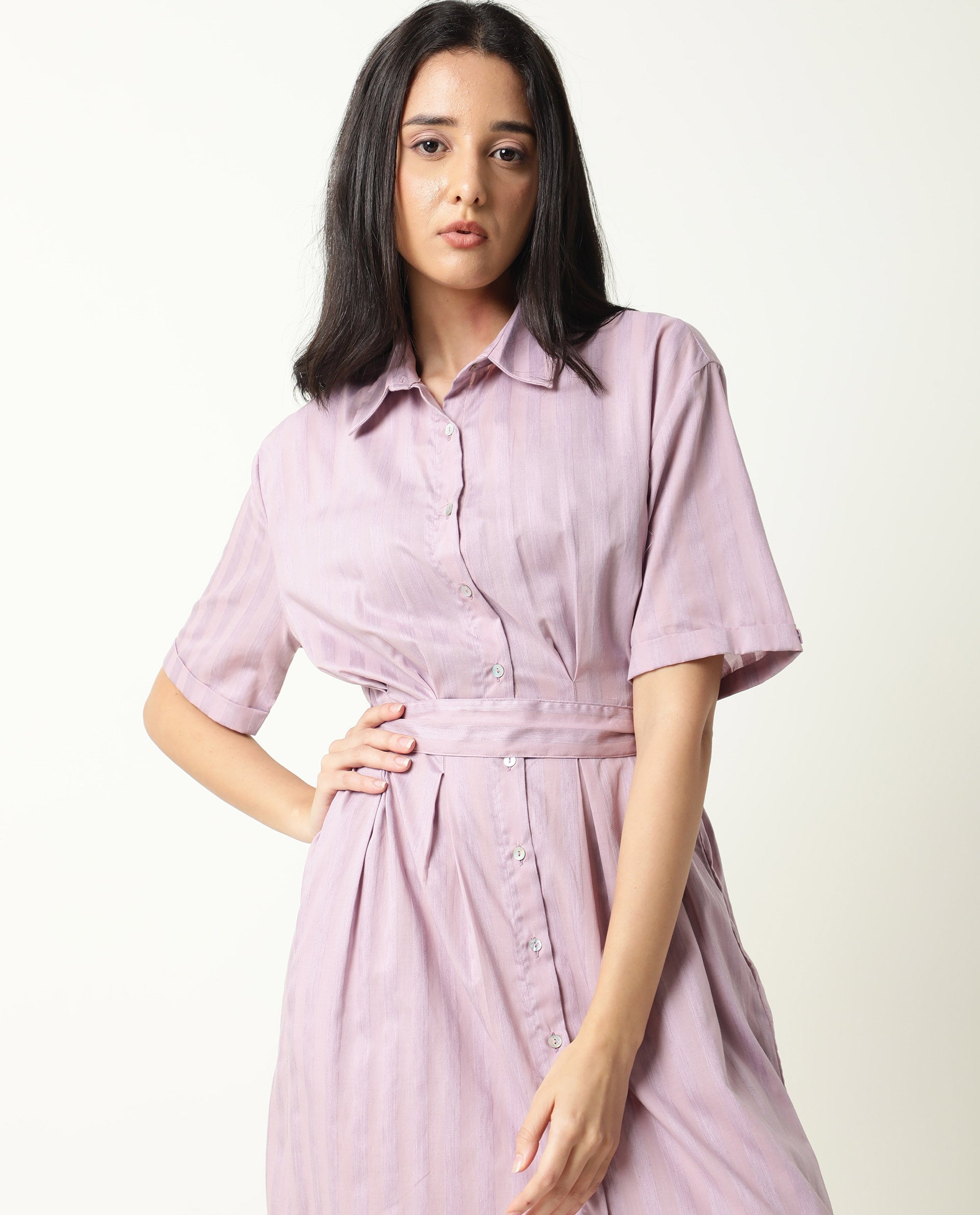 Rareism Women Paris Pink Shirt Collar Short Sleeves Front Full Button Closure Placket Fabric Tie Up Belt Pocket Midi Dress