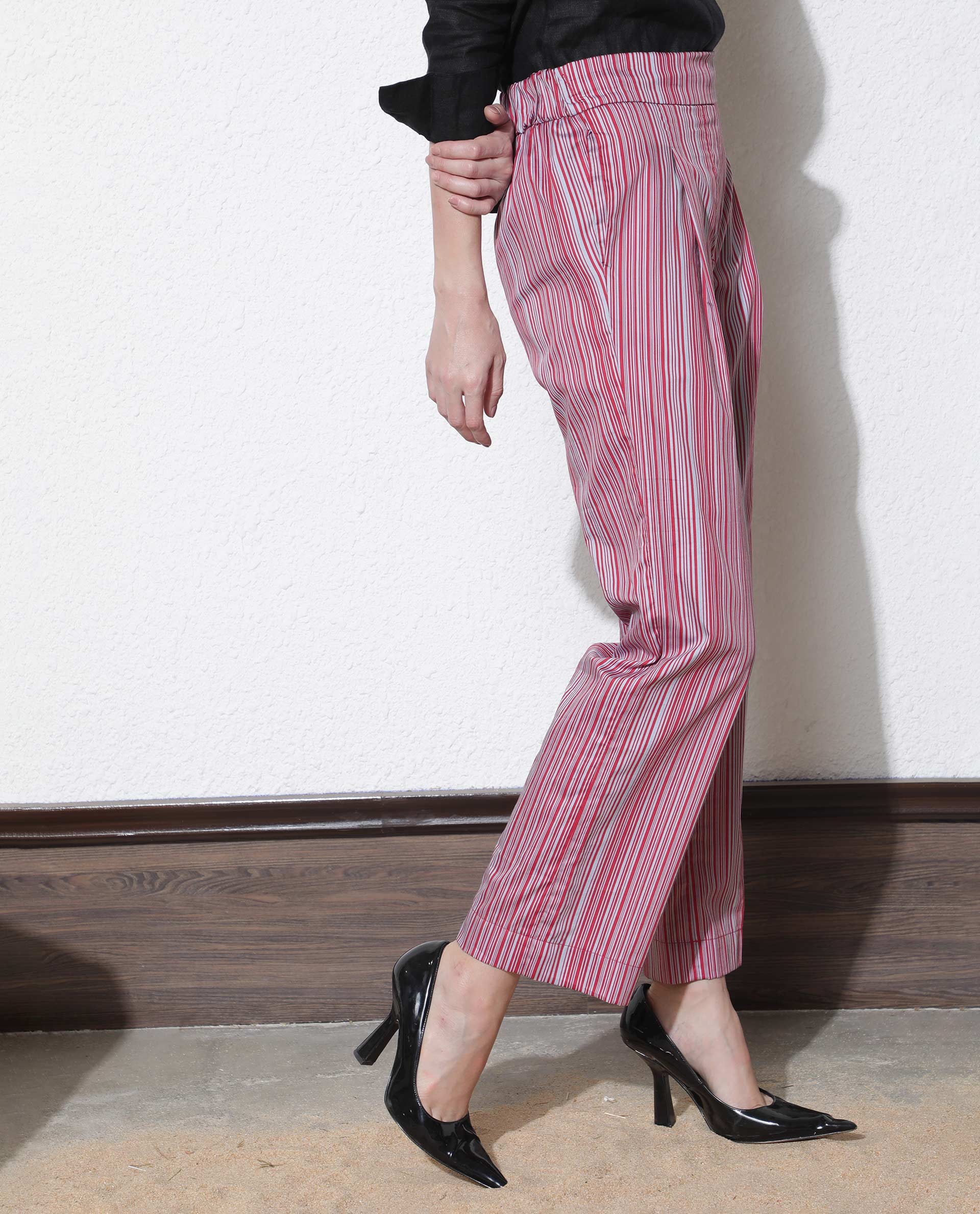 Rareism Women Xavi Maroon Cotton Fabric Drawstring Closure Tailored Fit Striped Ankle Length Trousers