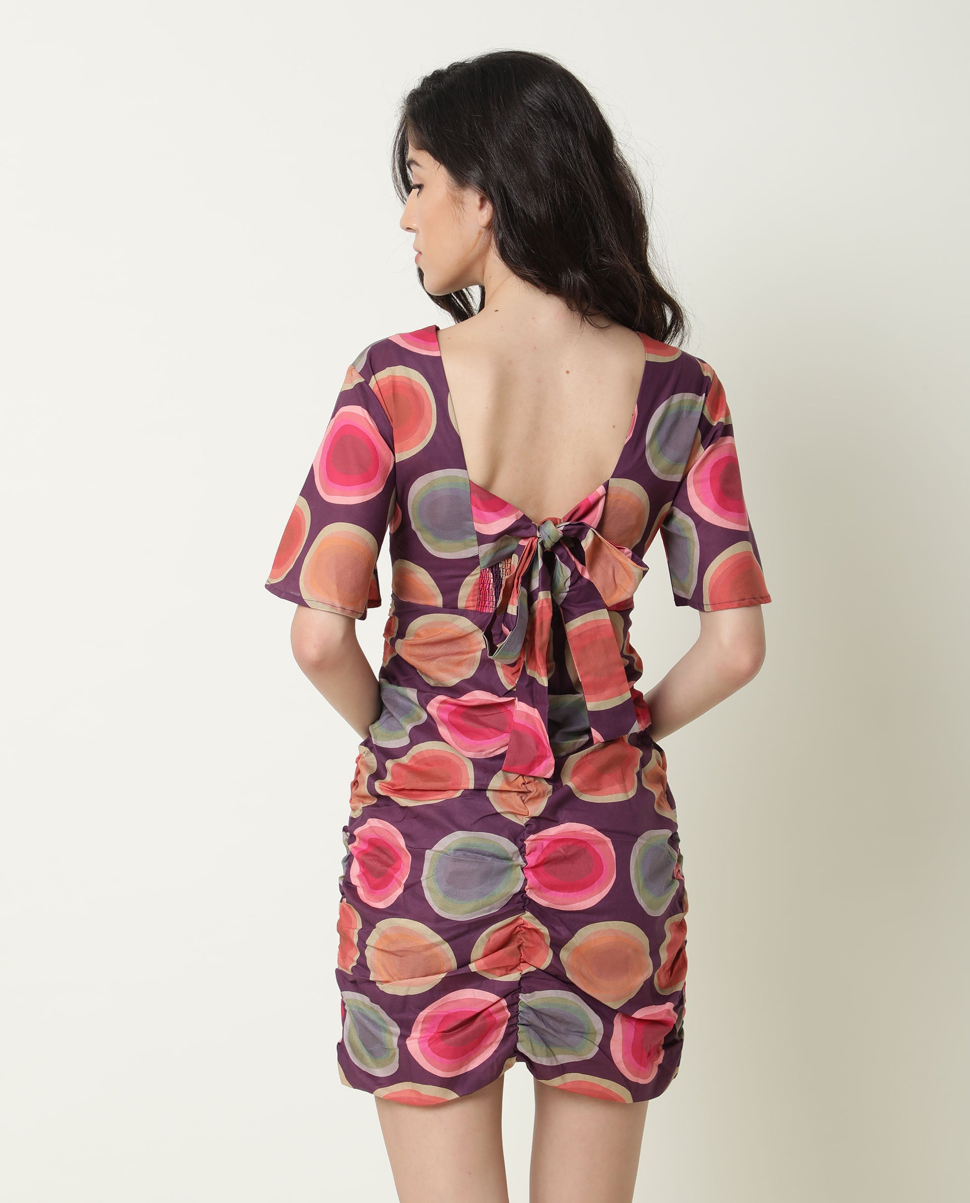 Rareism Women Anjou Purple Polka Dots Overlap Neck Half Sleeves Ruching At Sides And Back Mini Dress