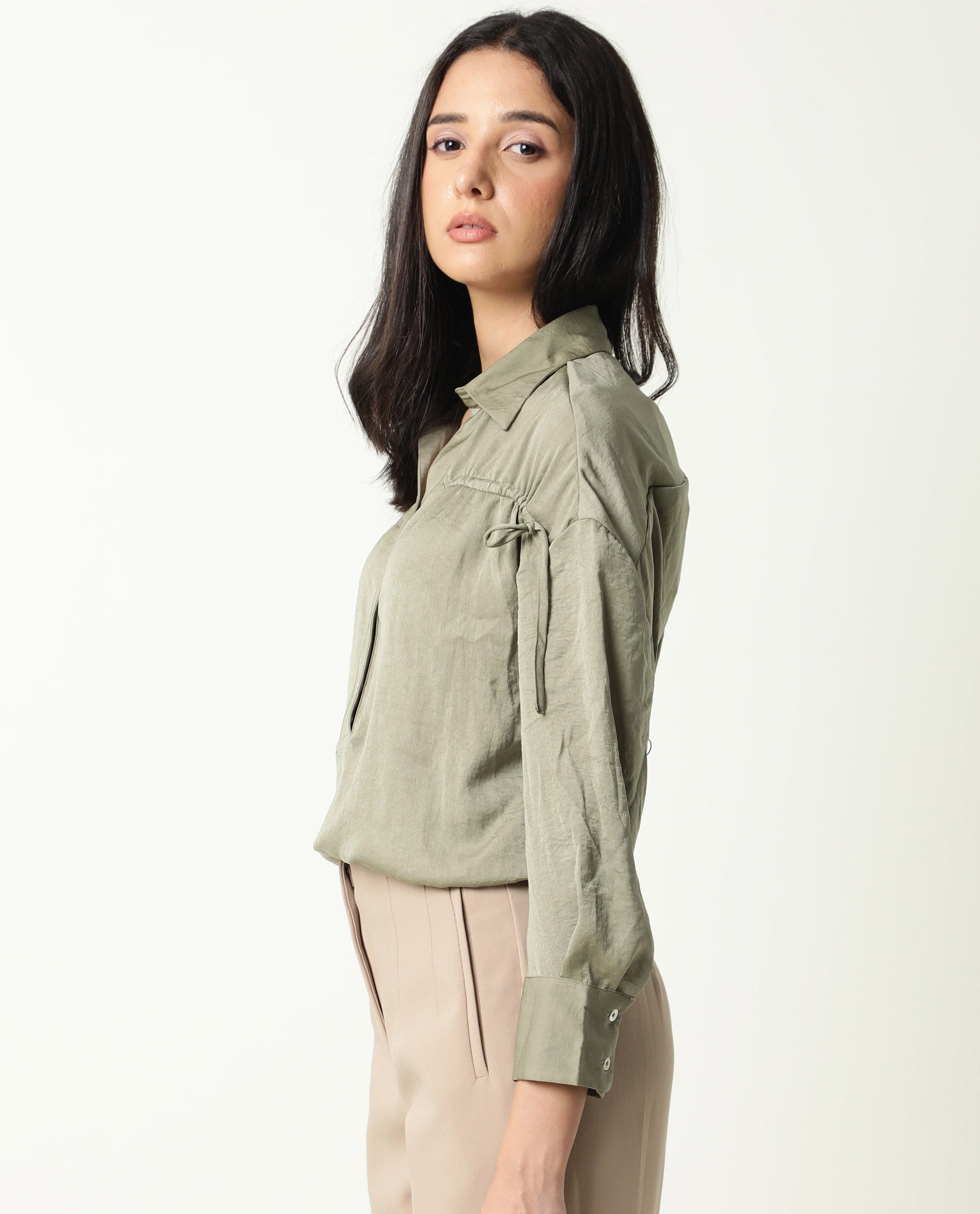 Rareism Womens Hullay Green Top Polyester Fabric Regular Fit 3/4 Sleeve Collared Neck