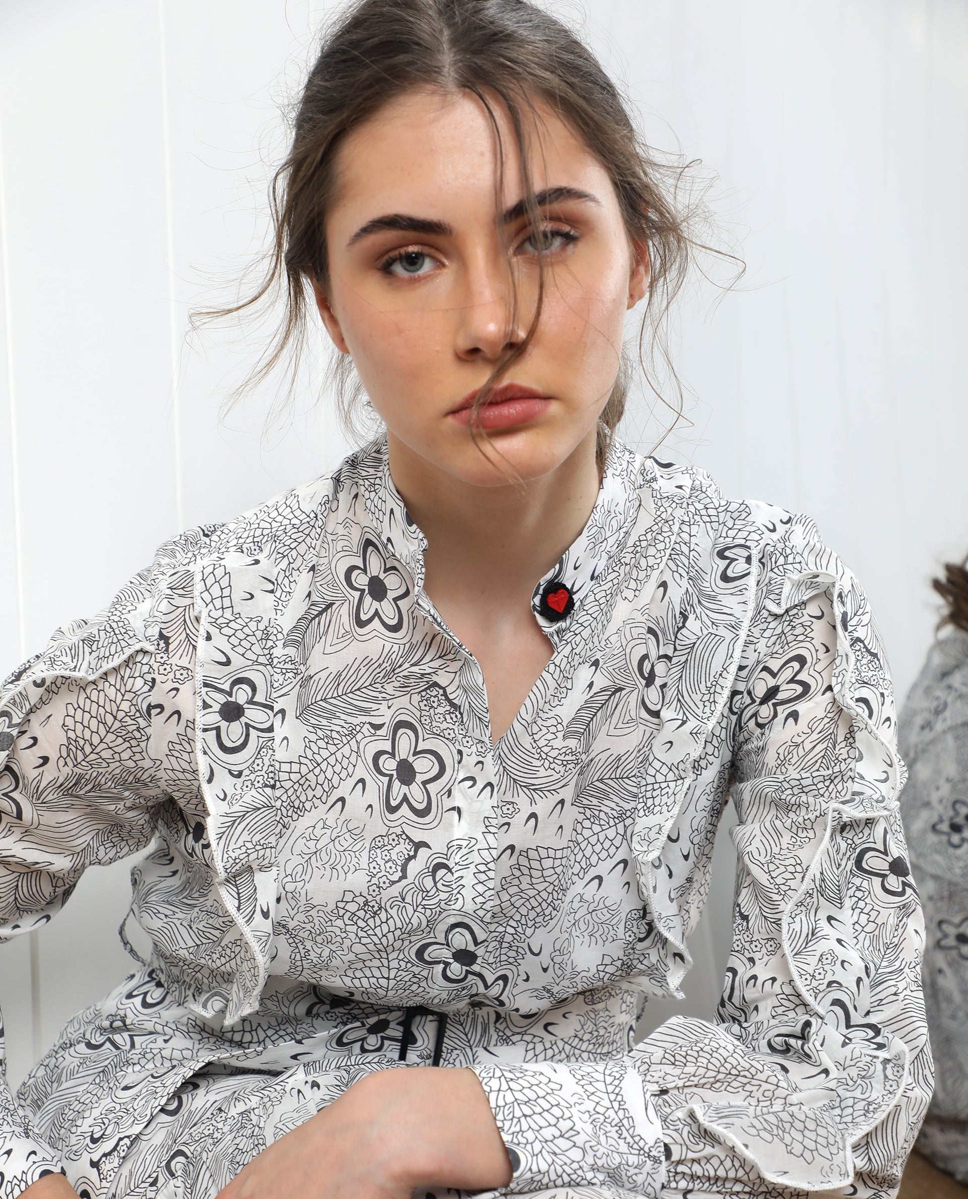 Rareism Women Roose White Cotton Fabric Full Sleeves Button Closure Mandarin Collar Regular Fit Floral Print Knee Length Flared Dress