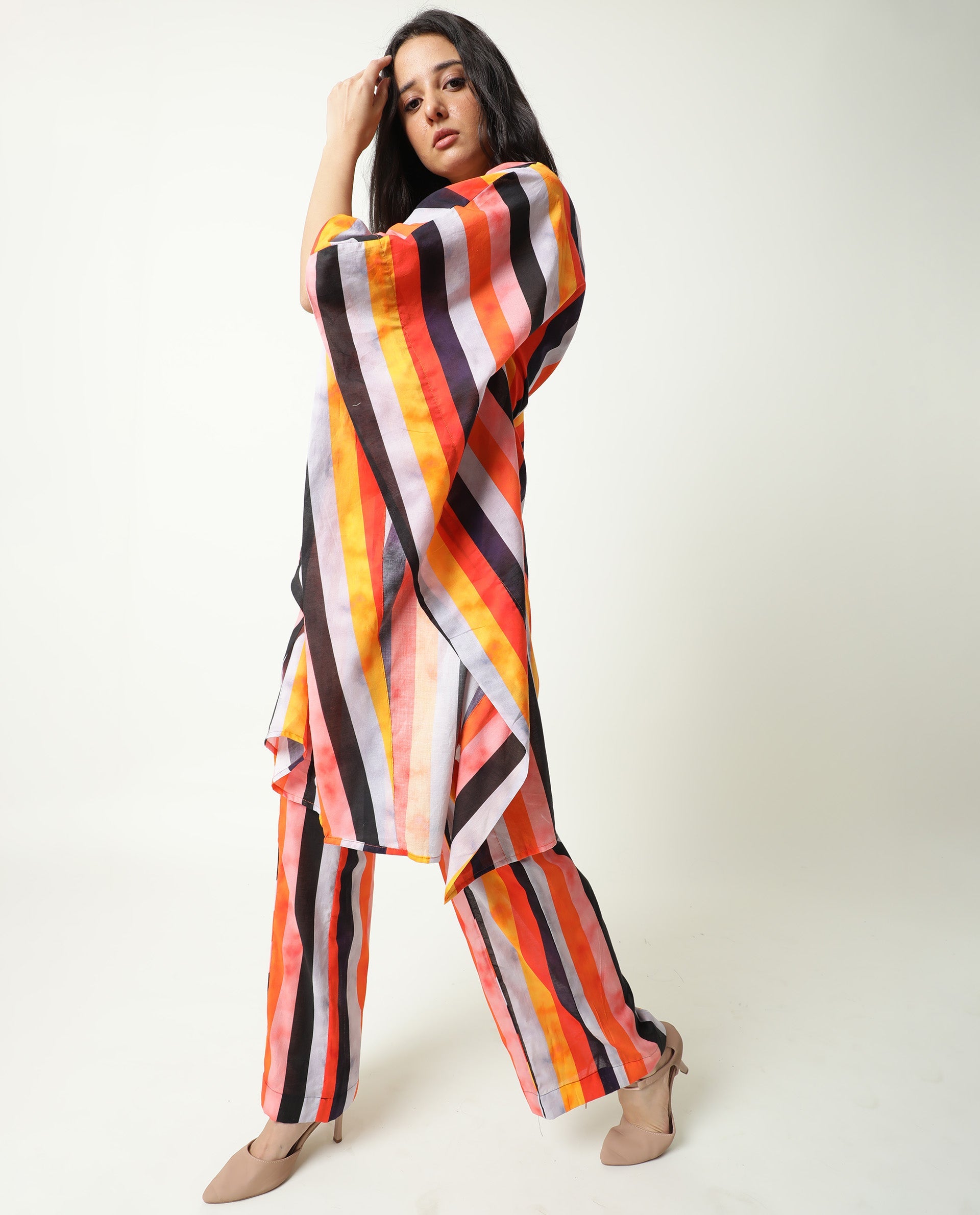 Rareism Women Fact Multi Abstract V Neck Tie Up At Neck And Waist Kaftan Knee Length Dress