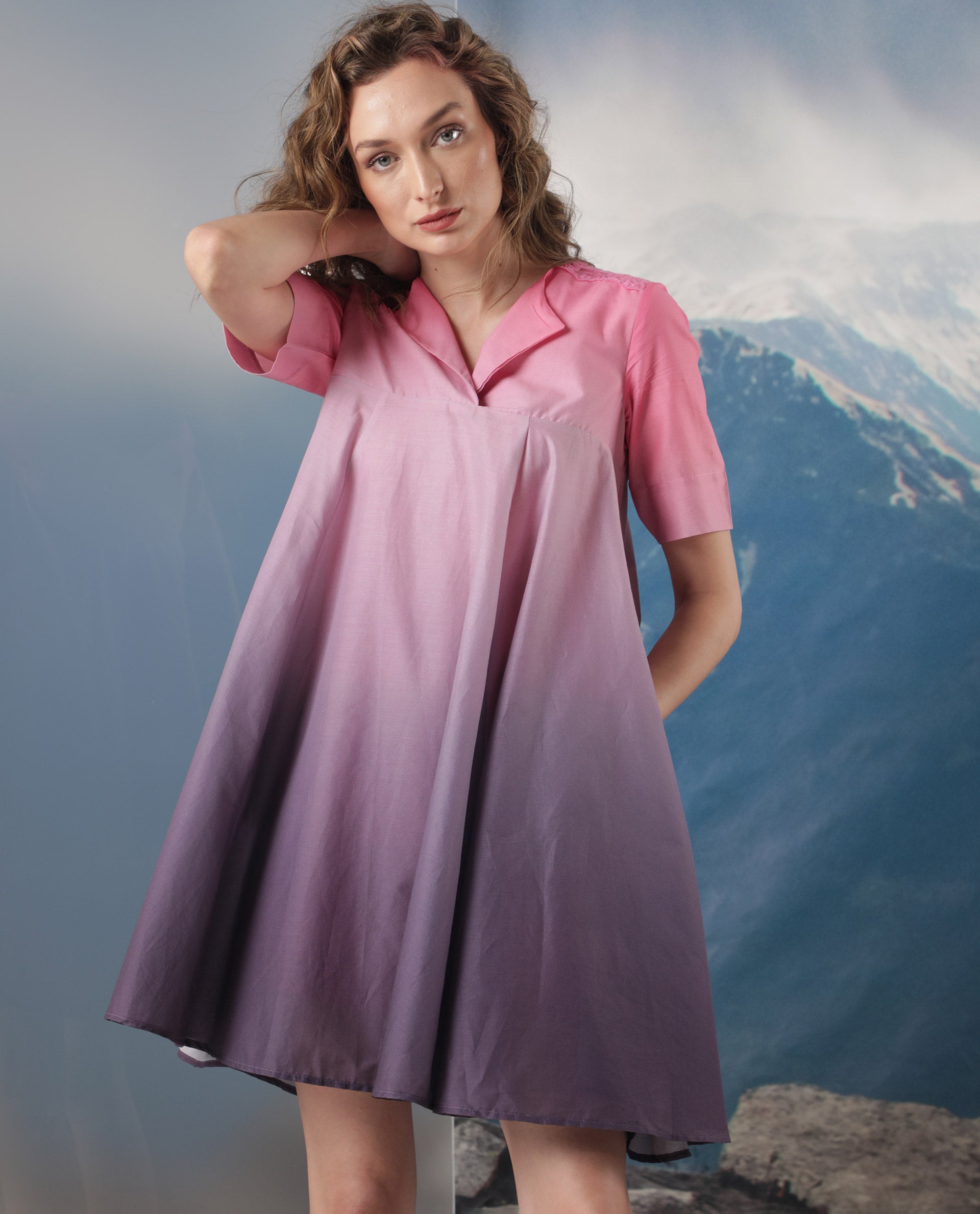 Rareism Women Celine Purple Cotton Fabric Short Sleeves Over Lap Flared Fit Ombre Knee Length Empire Dress