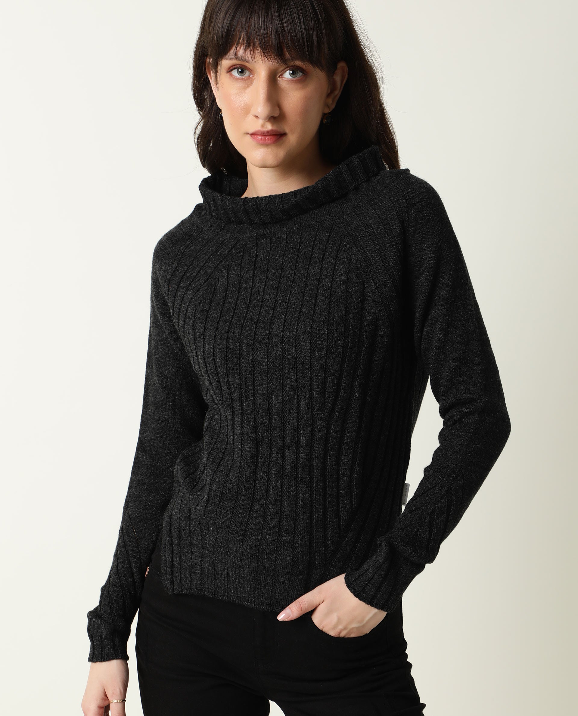 Rareism Women Halo Black Acrylic Fabric Full Sleeves Regular Fit Solid High Neck Sweater