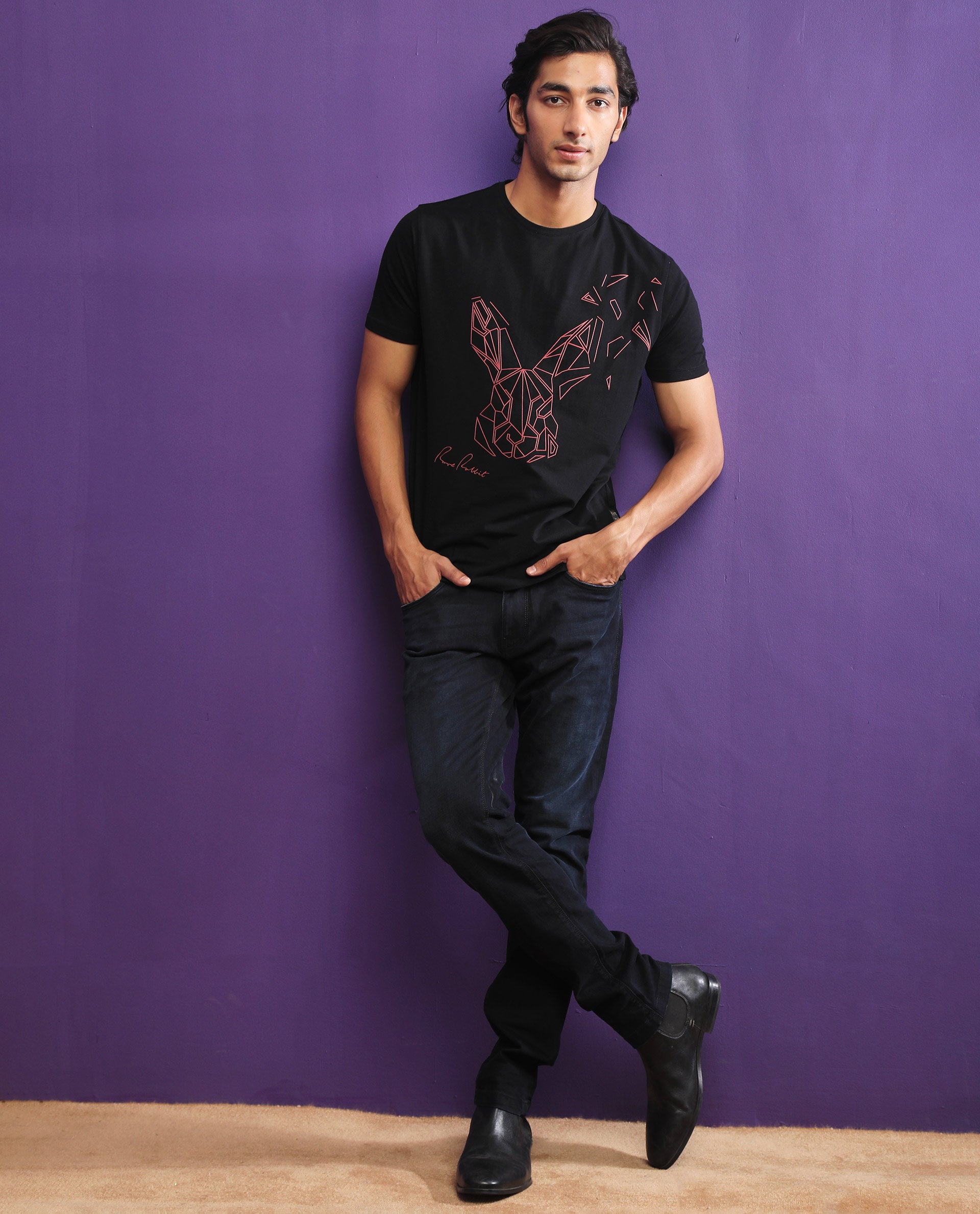 Rare Rabbit Mens Flames 2 Black Cotton Lycra Fabric Short Sleeves Crew Neck Slim Fit T-Shirt