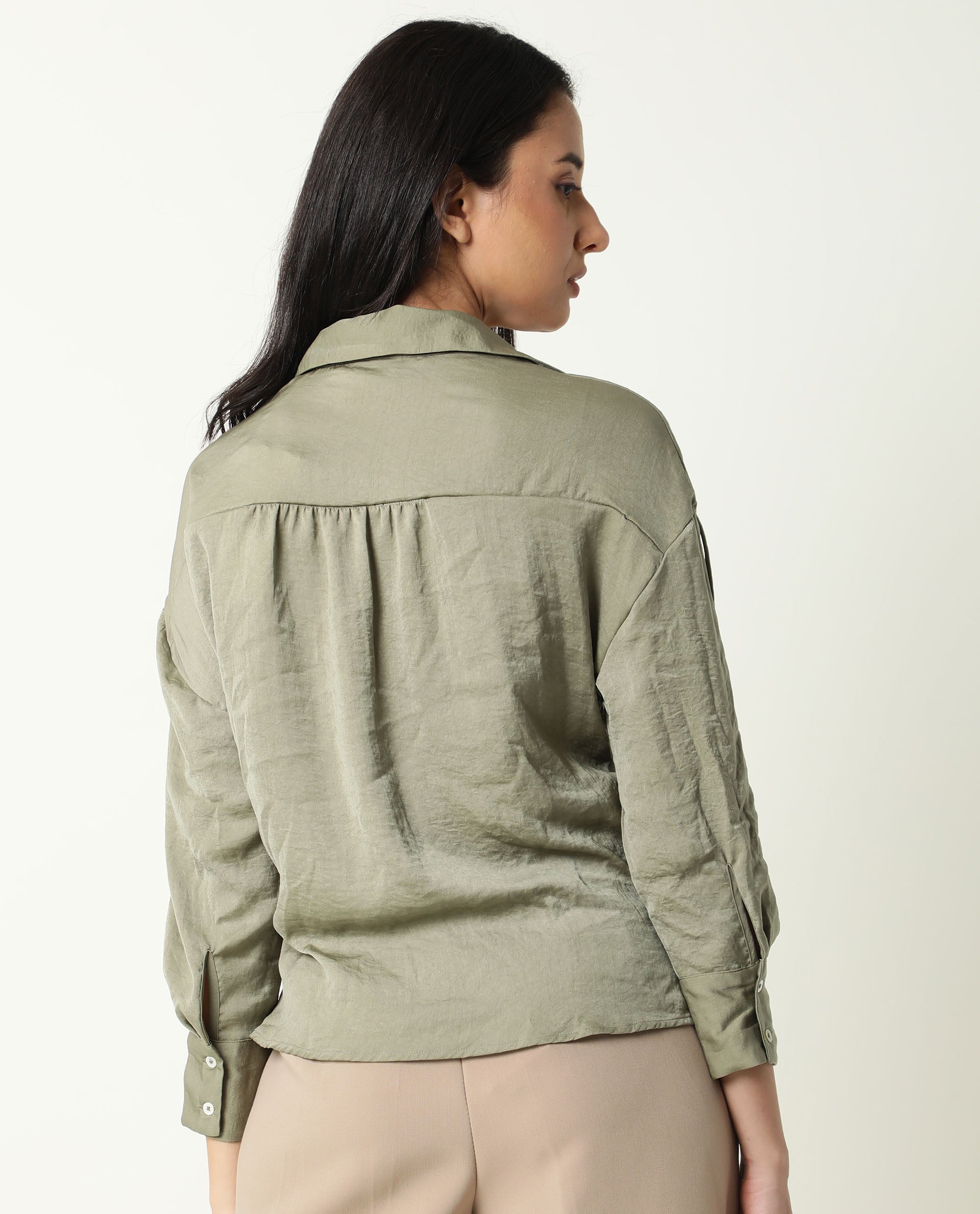 Rareism Womens Hullay Green Top Polyester Fabric Regular Fit 3/4 Sleeve Collared Neck