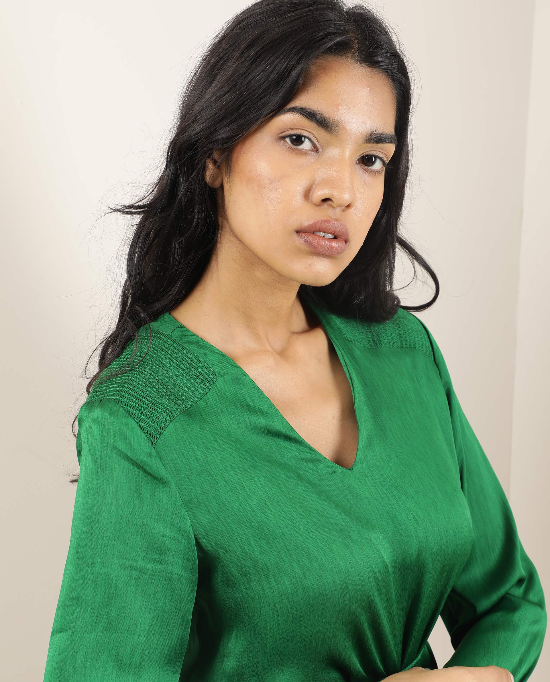 Rareism Womens Dronite Green Top Polyester Fabric Full Sleeve V Neck