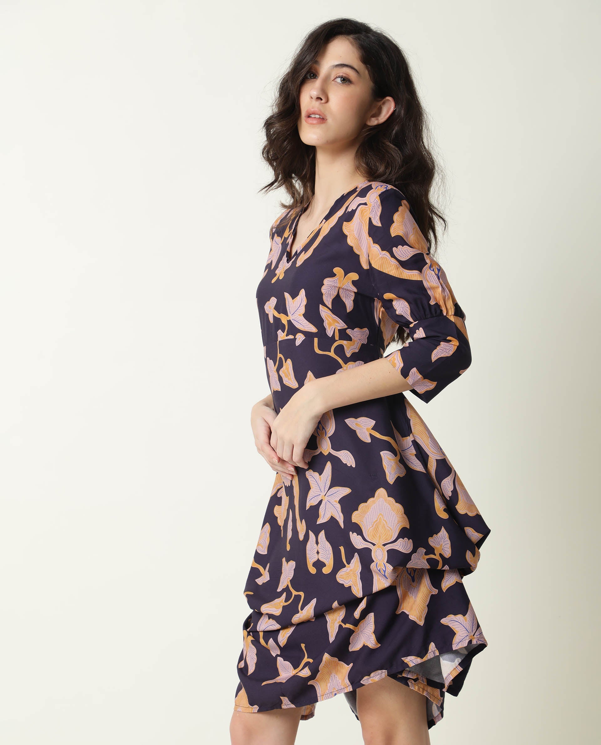 Rareism Women Kenna Navy Abstract Print V Neck 3/4 Sleeves Asymmetric Knee Length Dress