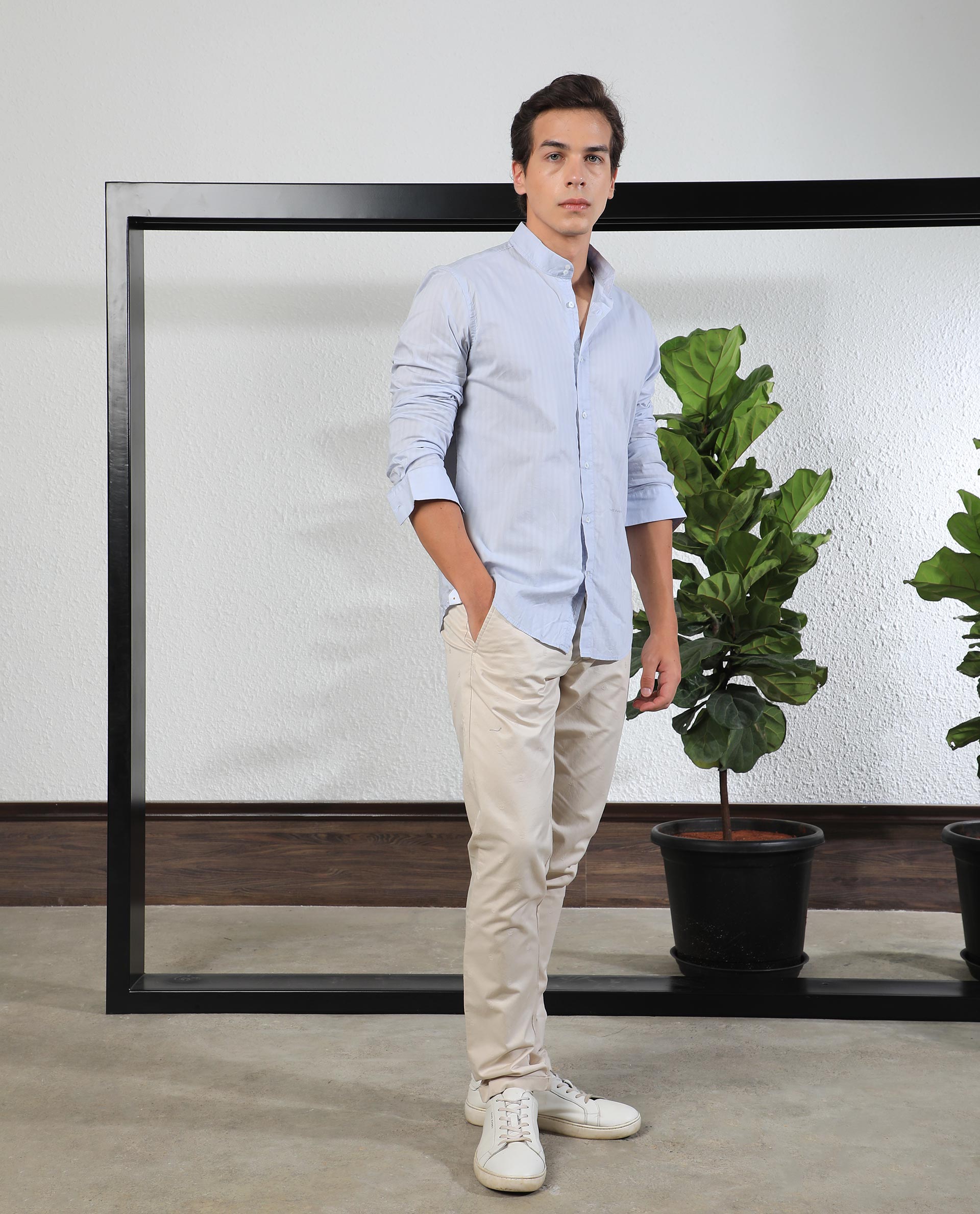 Rare Rabbit Men's Barss Blue Cotton Fabric High-Neck Mandarin Collar Full Sleeves Striped Shirt