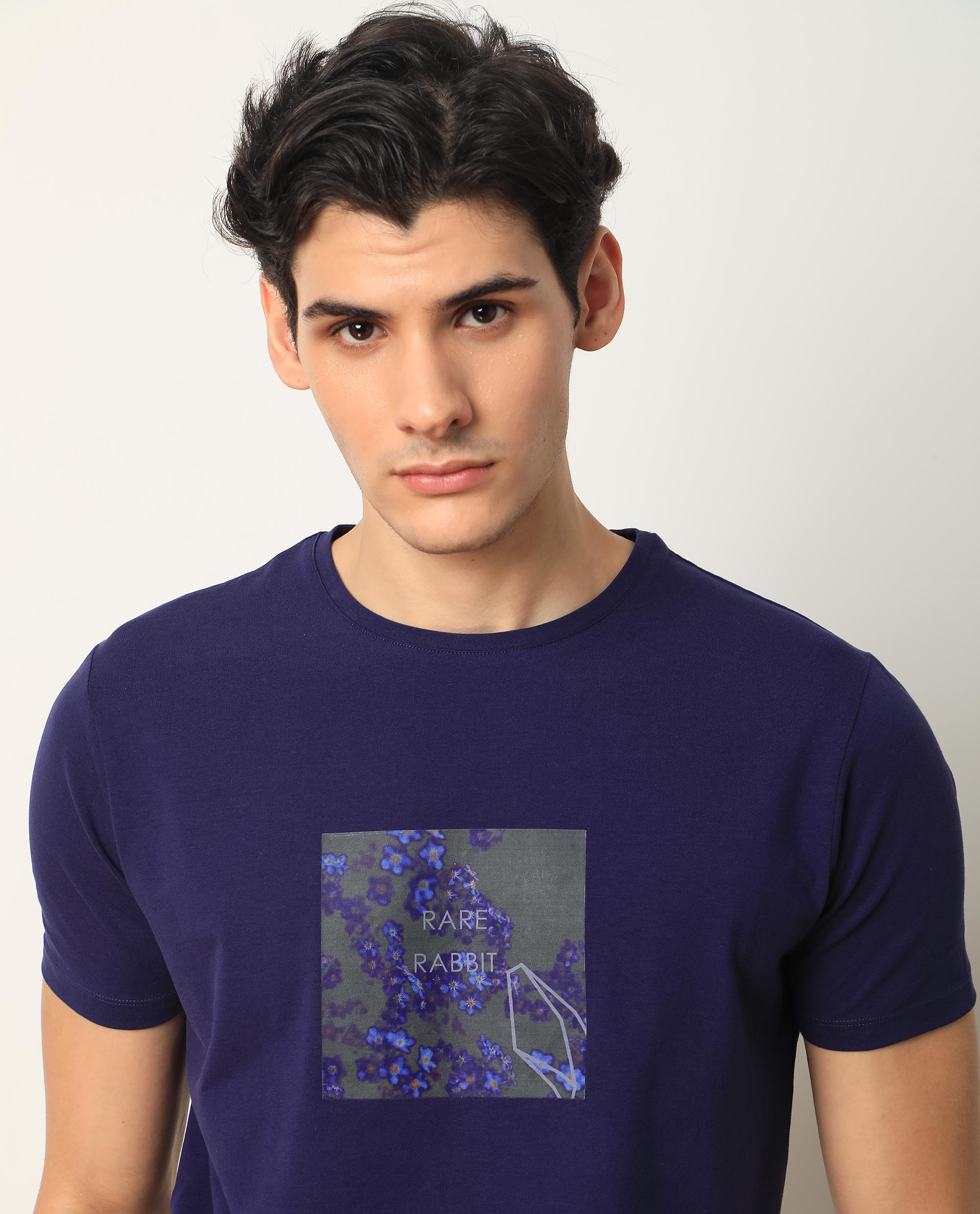 Rare Rabbit Men's Capri Purple Crew Neck Graphic Printed Half Sleeves Slim Fit T-Shirt