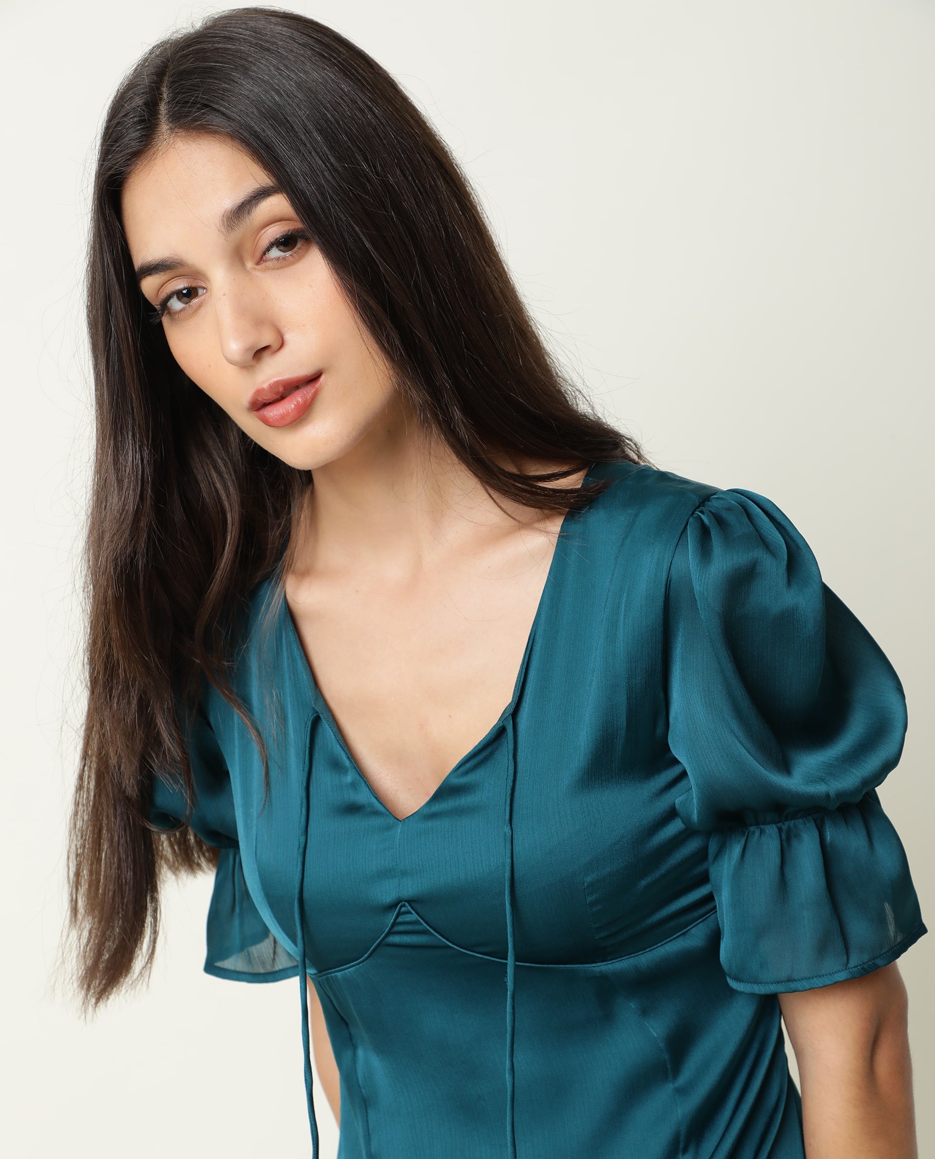 Rareism Women Betty Green V Neck Front Tie Up Short Puff Sleeves With Ruffled Hem Mini Dress