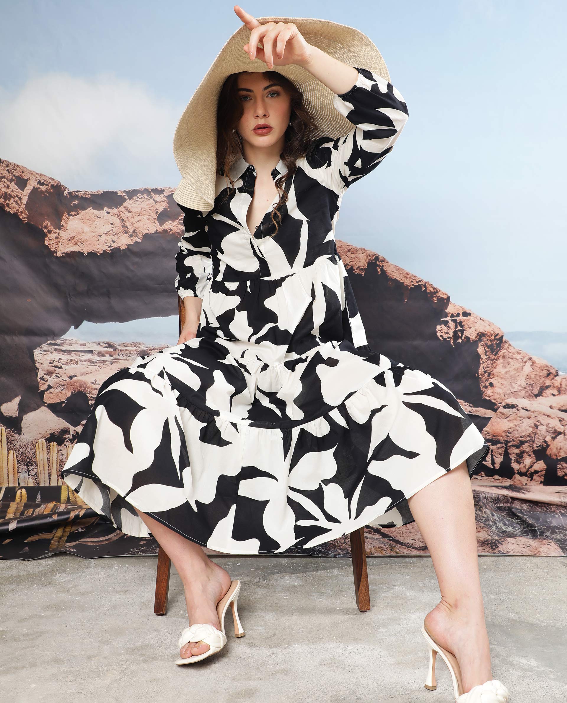 Rareism Women Susan Black Dress Cotton Fabric Print