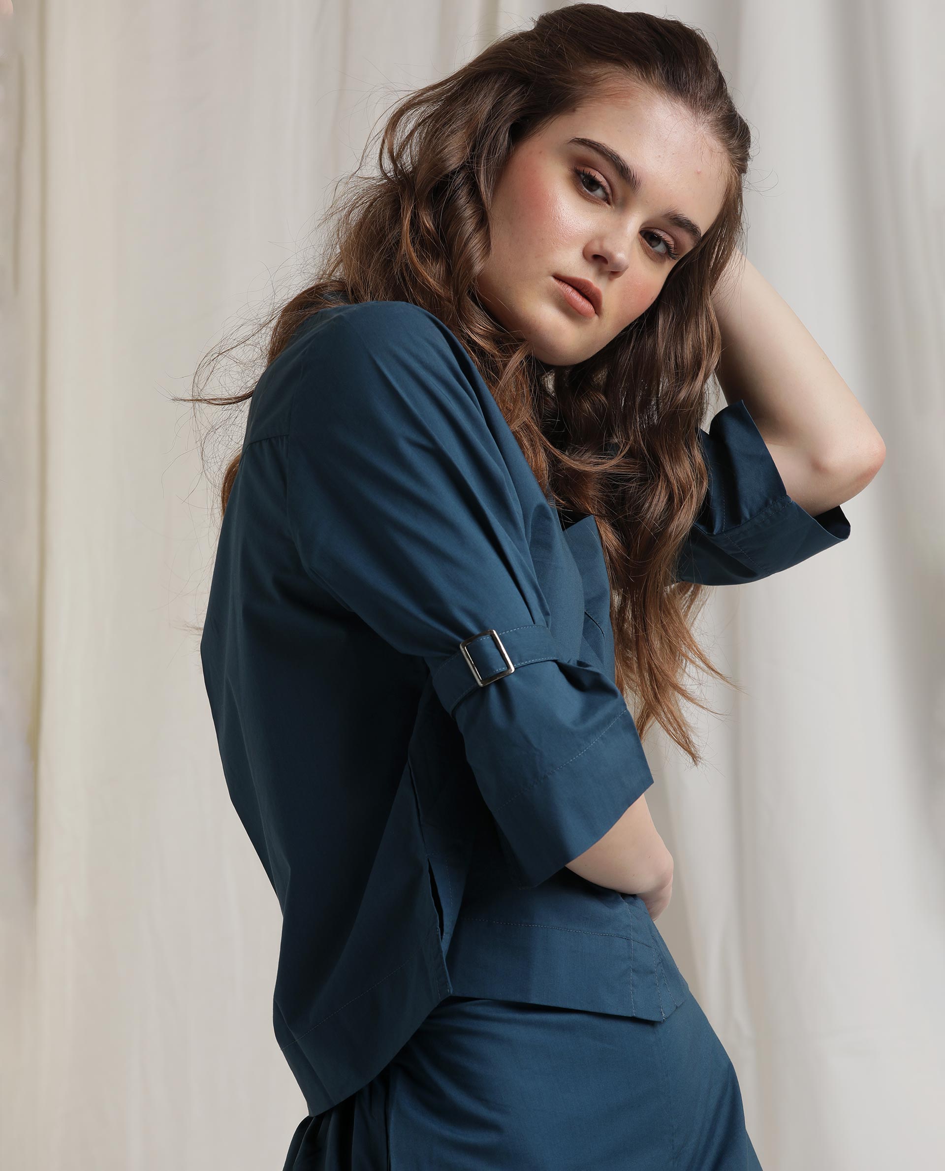 Rareism Womens Sendai Petrol Top Poly Lycra Fabric Regular Fit Half Sleeve Collared Neck