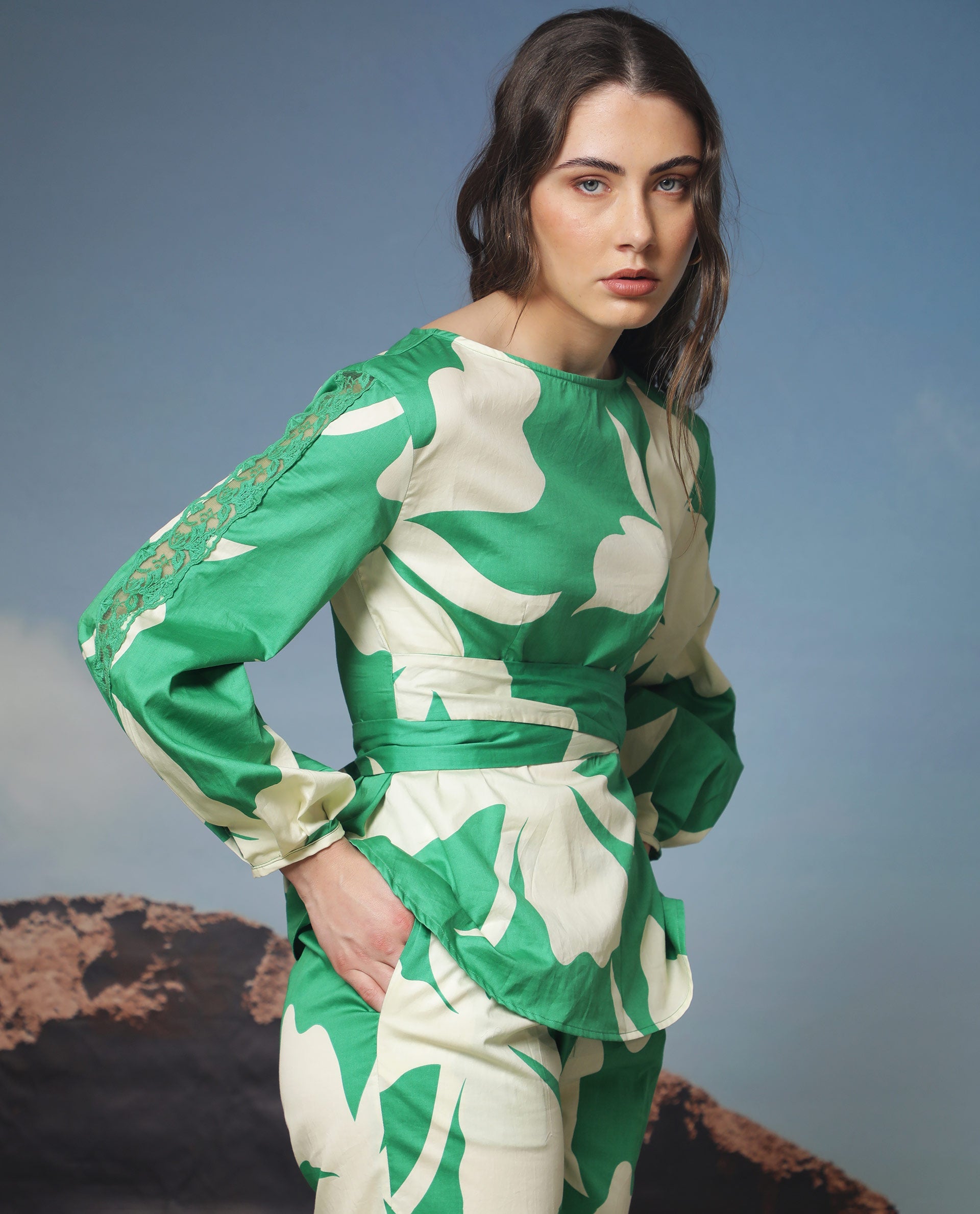 Rareism Women Sloane Green Top Cotton Fabric Full Sleeves Print