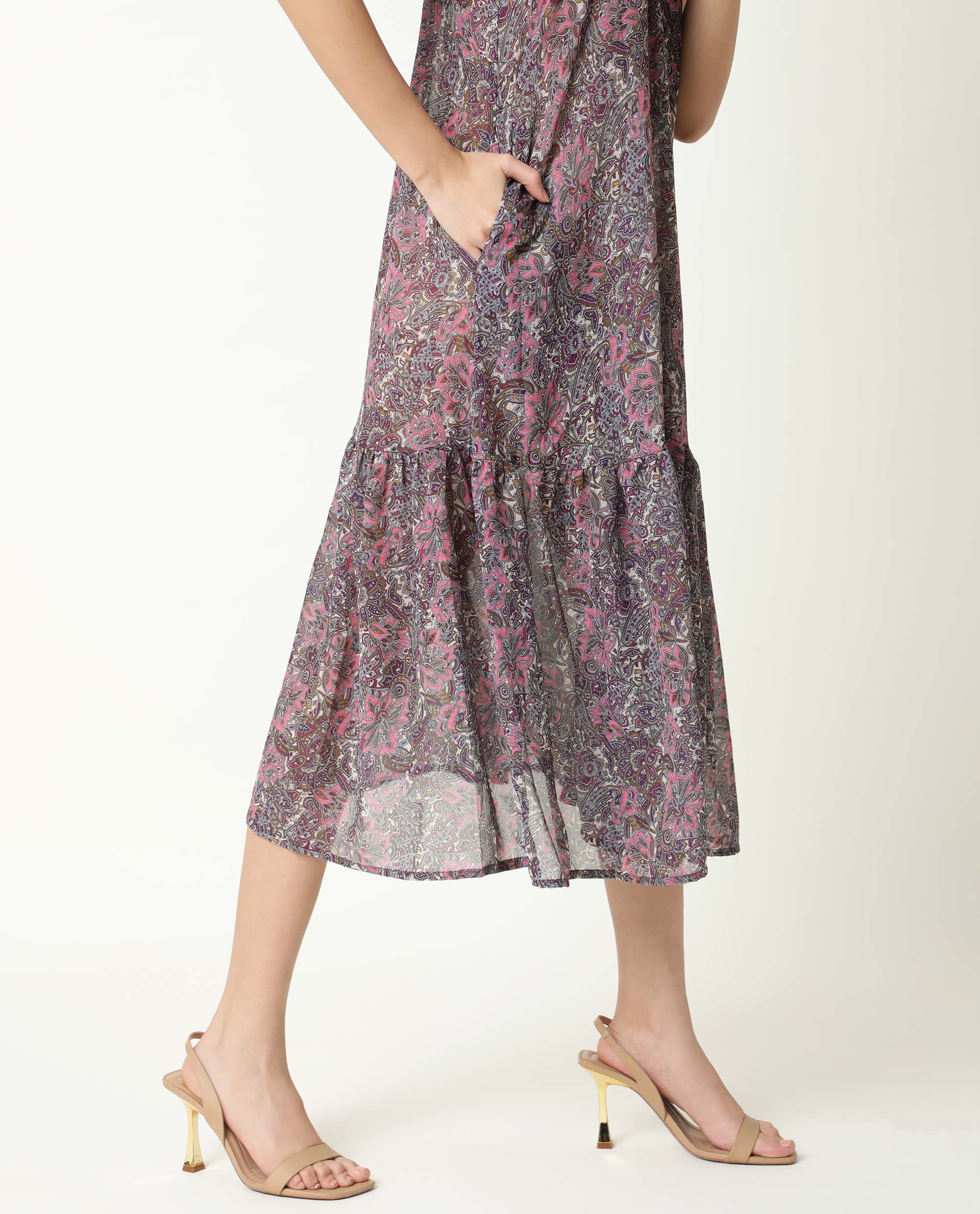 Rareism Women Hilda Pink Abstract Print V Neck Double Spaghetti Straps Tiered Midi Dress