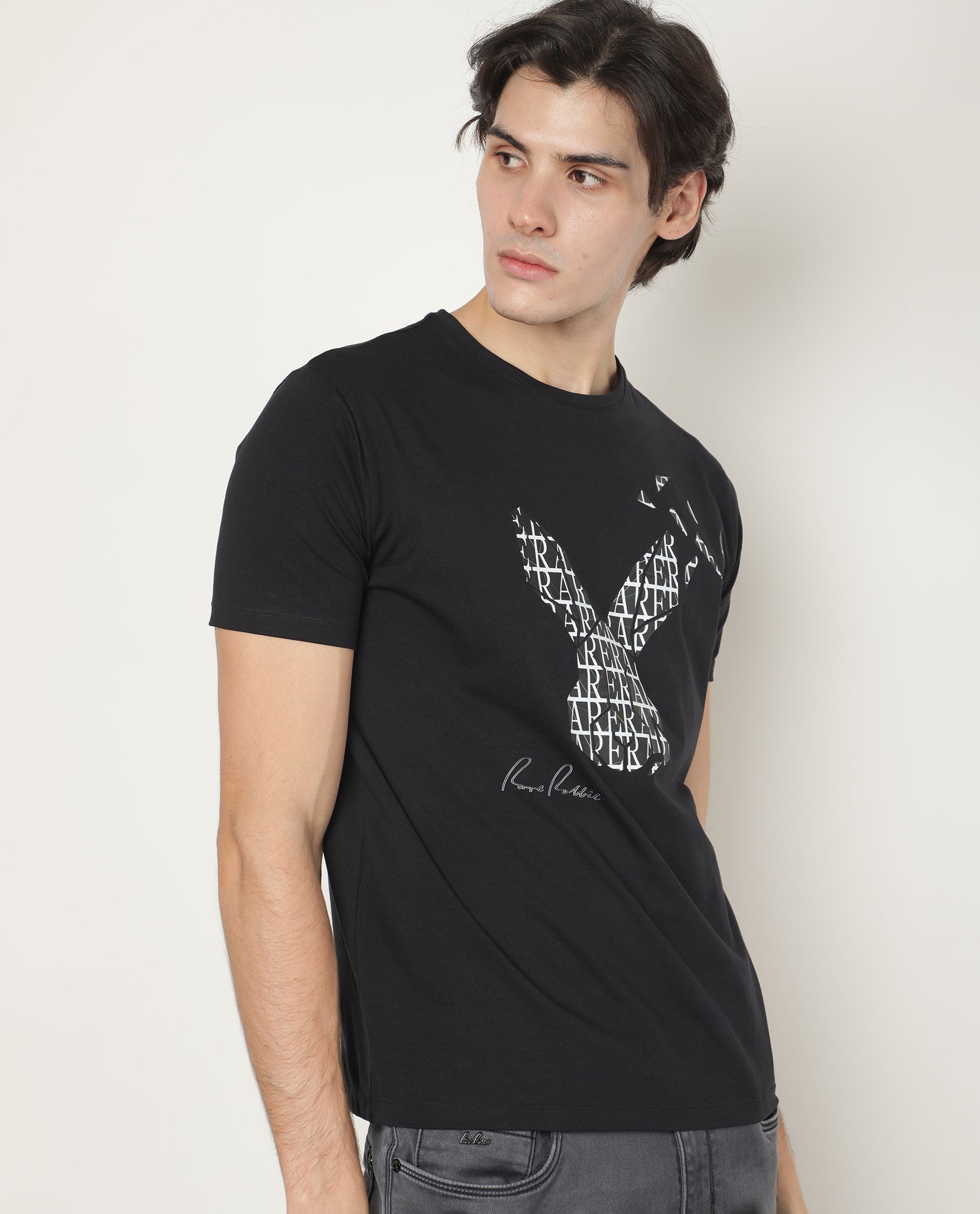 Rare Rabbit Men's Lassoo Grey Crew Neck Graphic Printed Half Sleeves Slim Fit T-Shirt