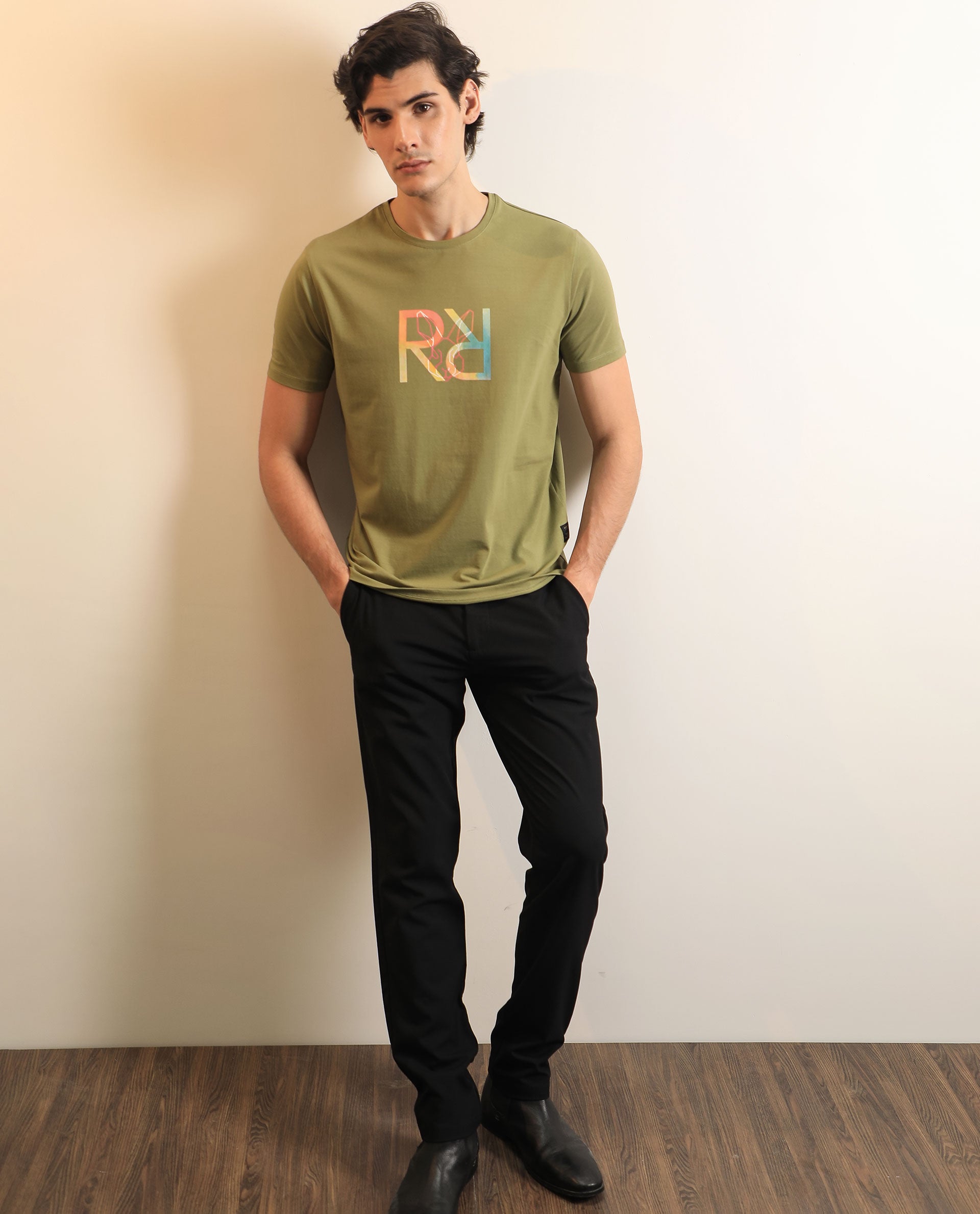 Rare Rabbit Men's Tack Olive Crew Neck Graphic Printed Half Sleeves Slim Fit T-Shirt