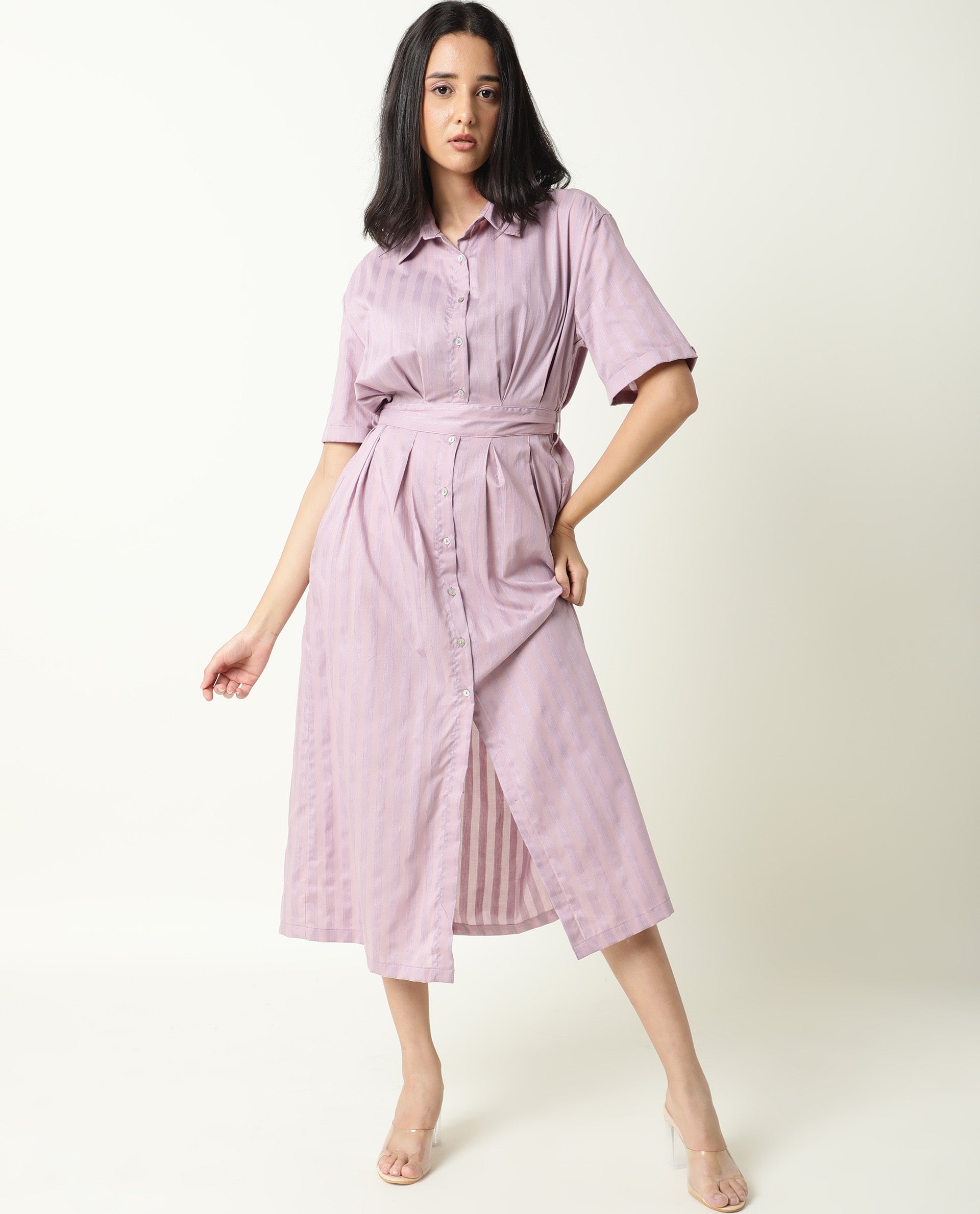 Rareism Women Paris Pink Shirt Collar Short Sleeves Front Full Button Closure Placket Fabric Tie Up Belt Pocket Midi Dress