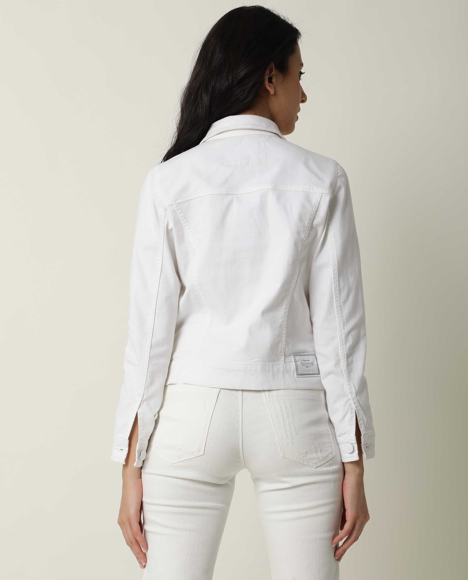 Rareism Women Misso White Cotton Lycra Fabric Full Sleeves Solid Shirt Collar Jacket
