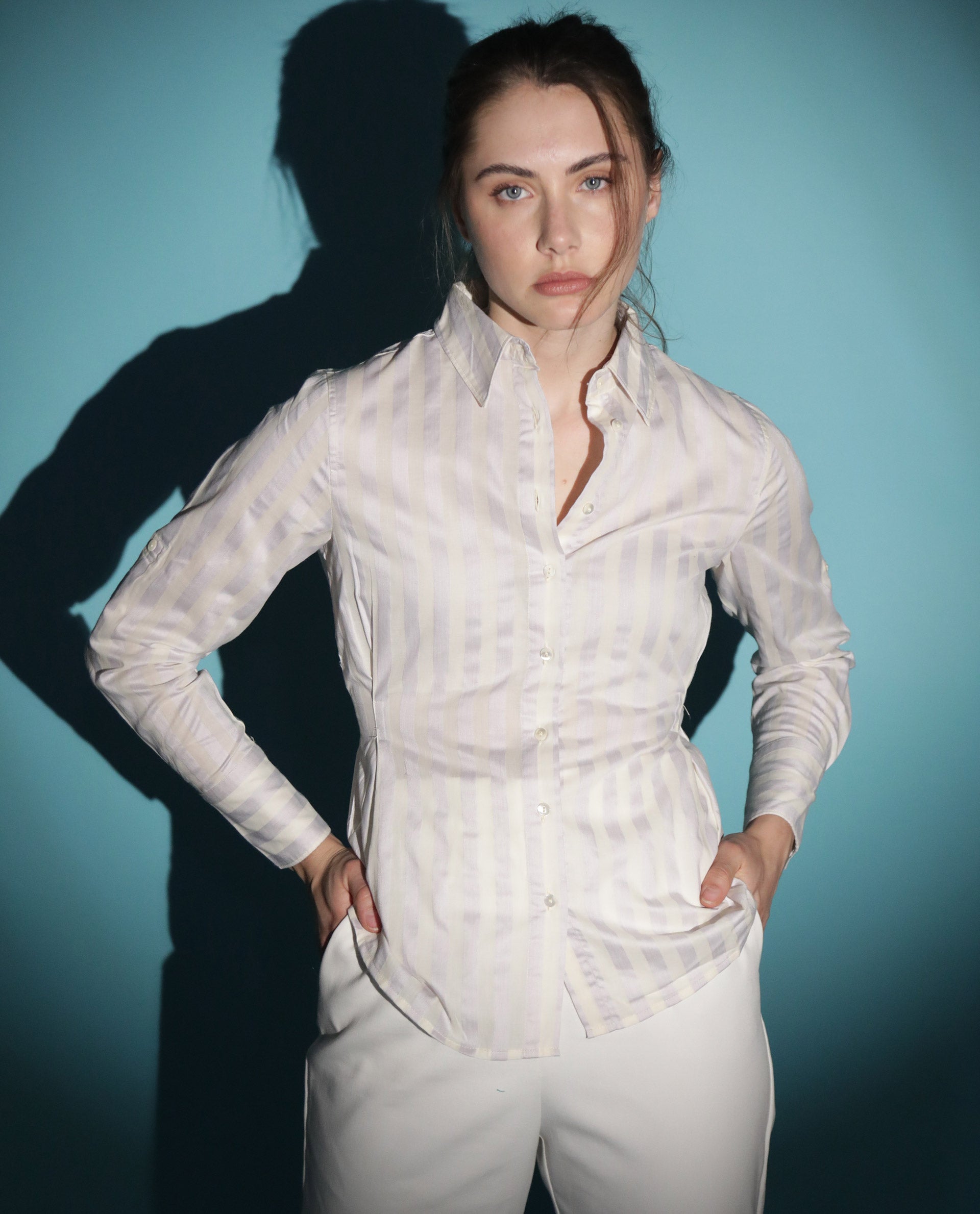 Rareism Women Pickle Yellow Cotton Fabric Regular Fit Shirt Collar Full Sleeves Striped Top