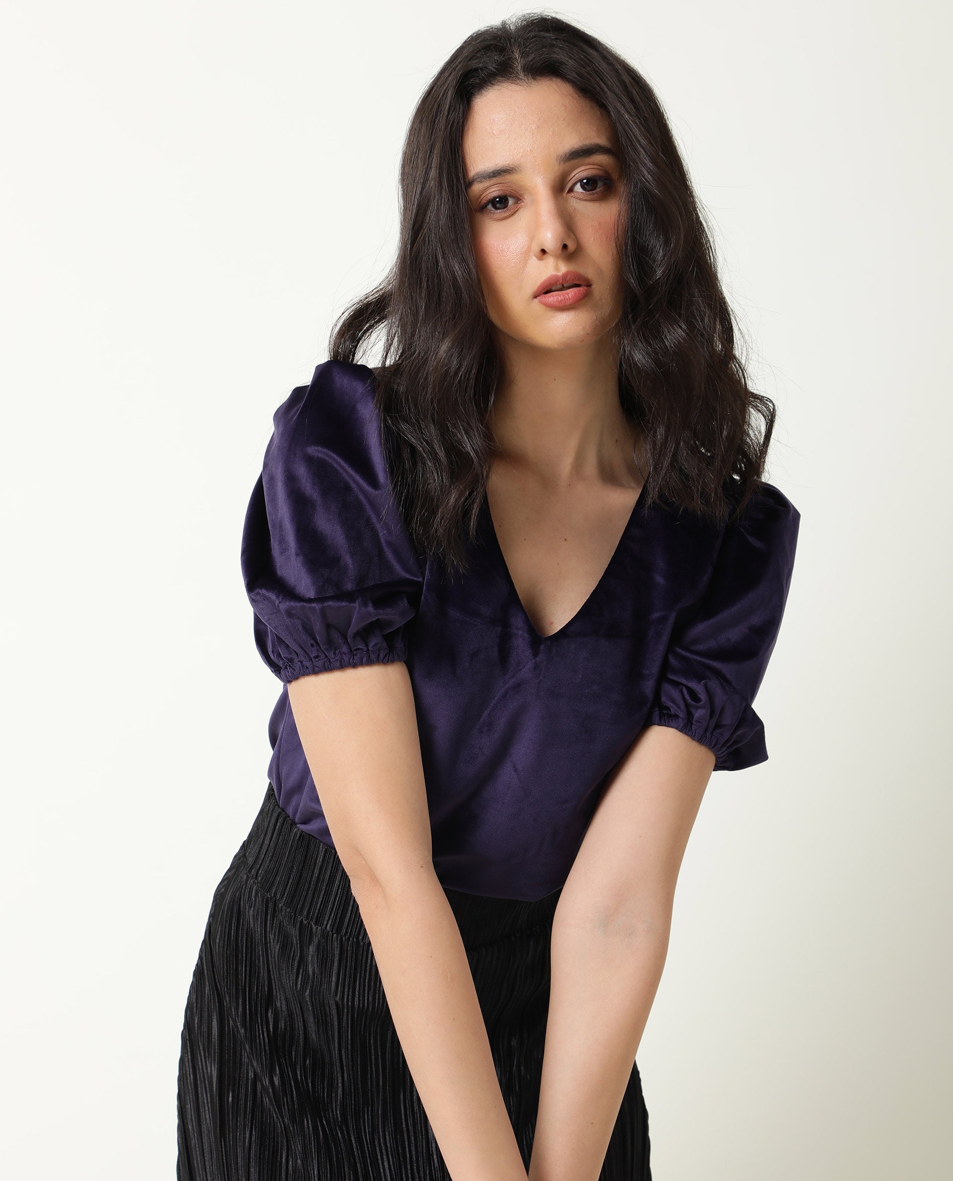 Rareism Womens Mun Navy Top Suede Fabric Half Sleeve V Neck