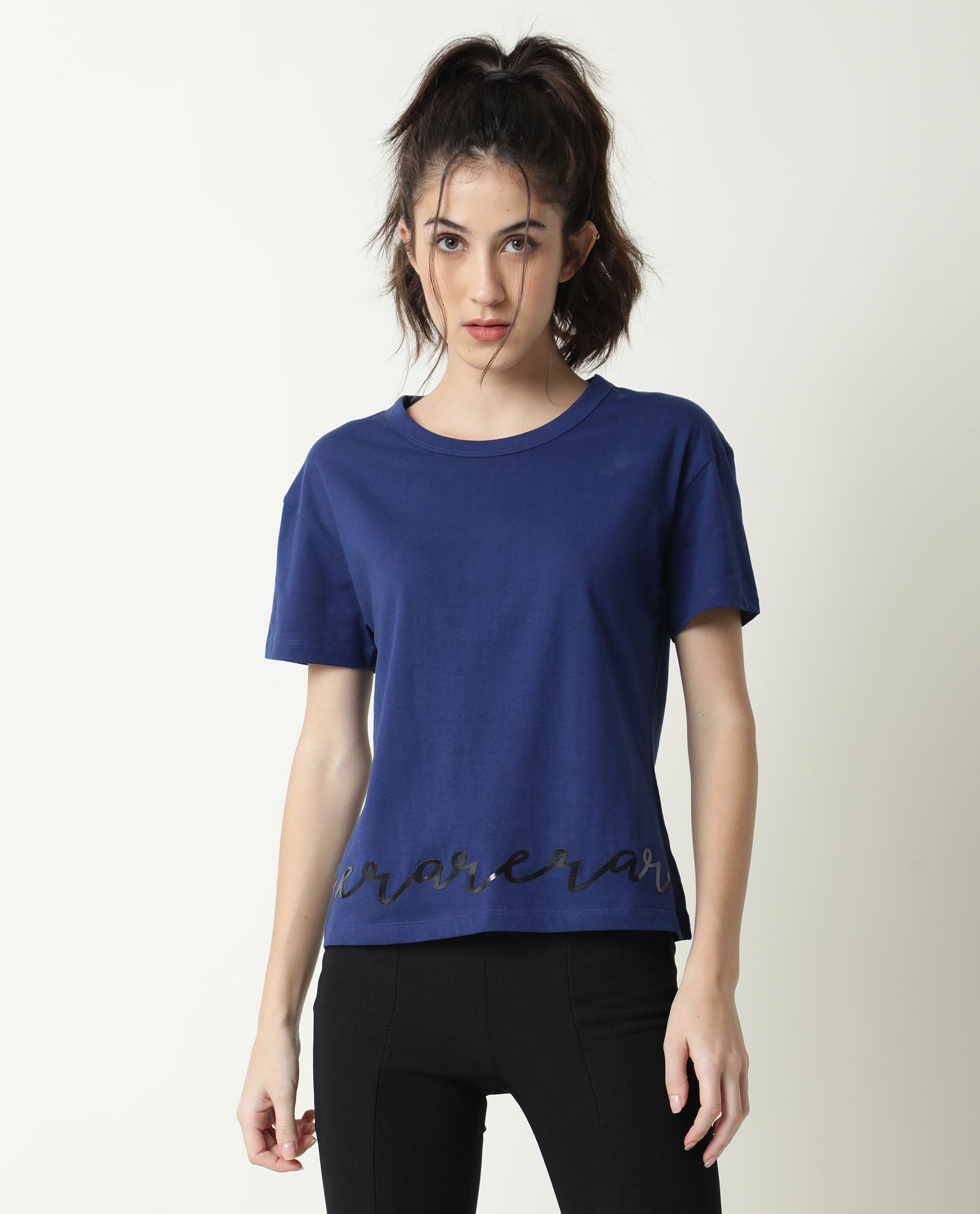 Rareism Women Ruthi Navy Cotton Fabric Regular Fit Half Sleeves Graphic Print Crew Neck T-Shirt
