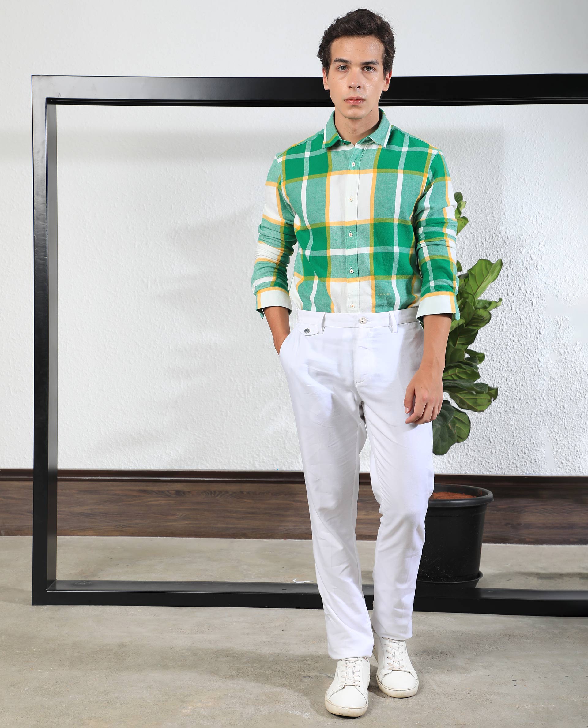 Rare Rabbit Men's Rayo Green Cotton Fabric Full Sleeves Twill Checks Shirt