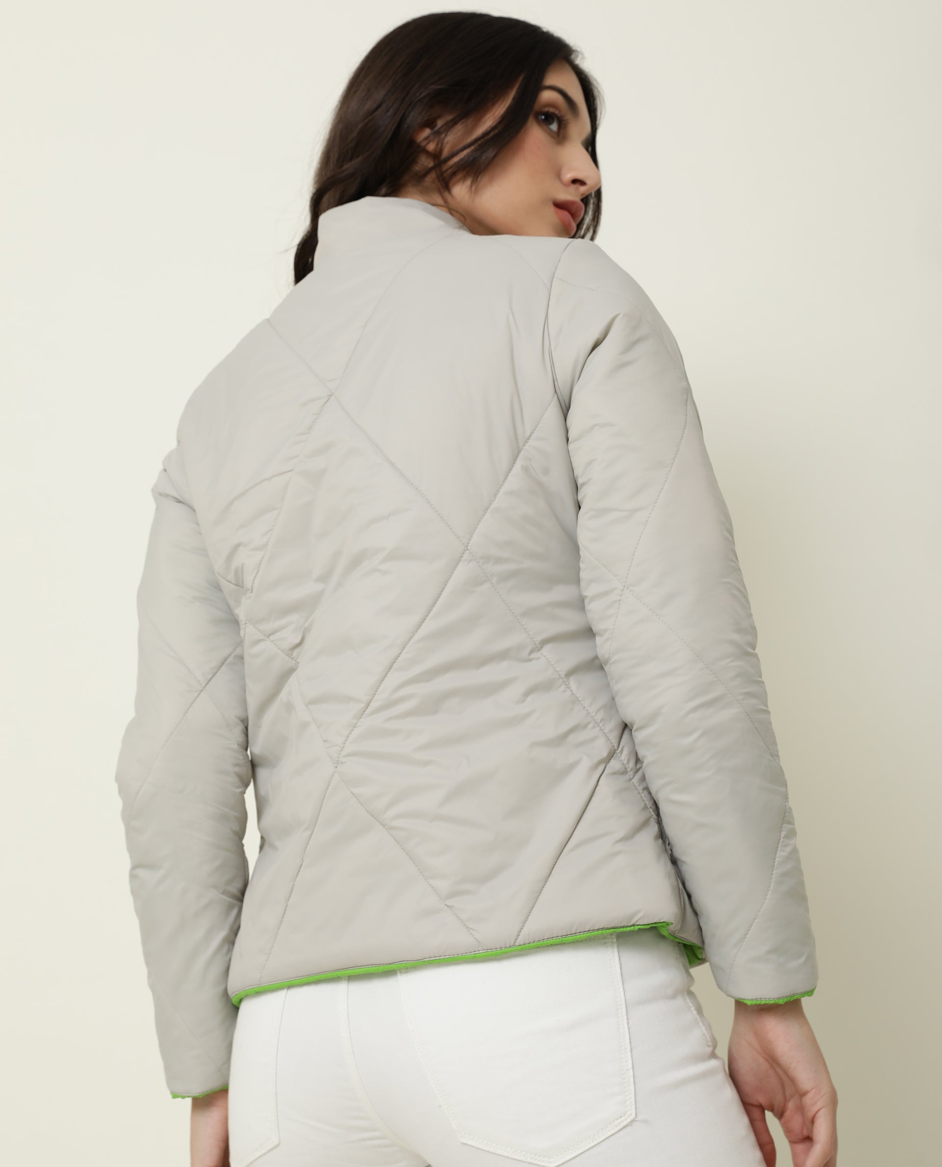 Rareism Women Cora Light Green Polyester Fabric Full Sleeves Solid High Neck Jacket