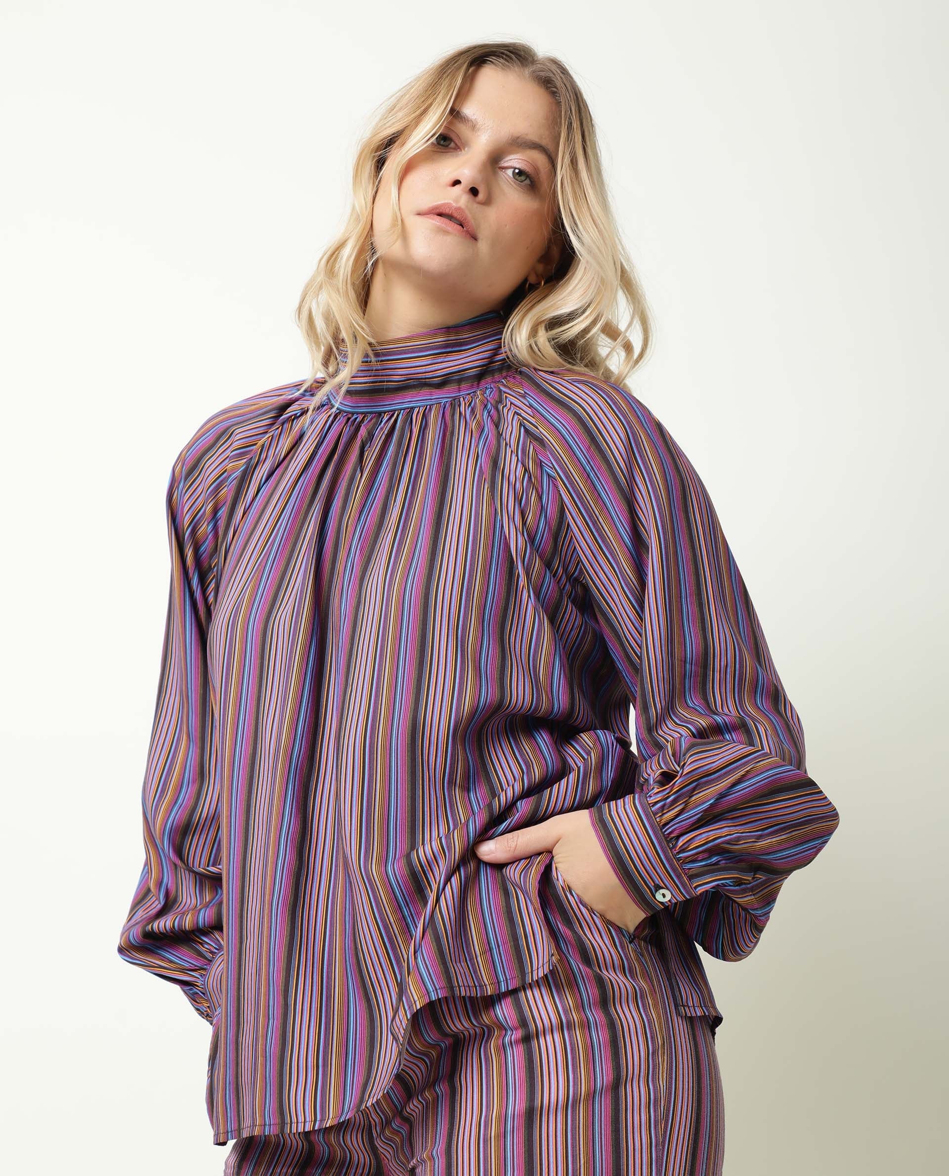 Rareism Womens Autumn Multi Color Top Polycotton Fabric Full Sleeves High Neck