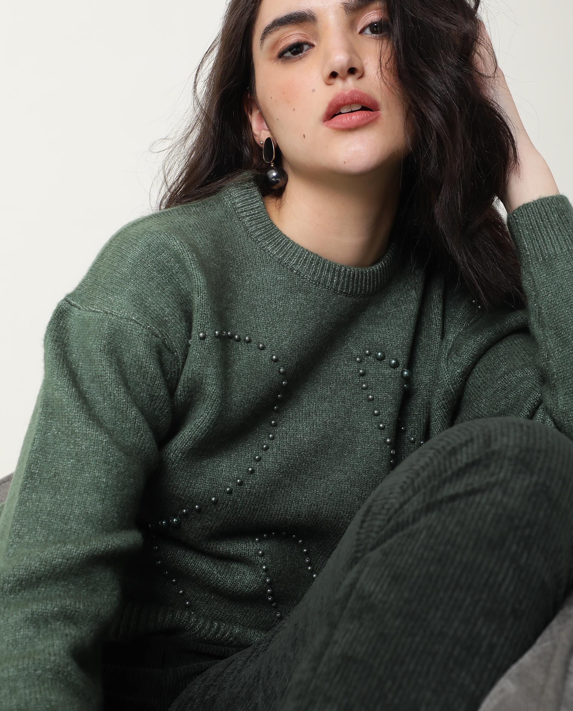 Rareism Women Tulsy Olive Acrylic Fabric Full Sleeves Knee Length Regular Fit Sequined Round Neck Sweater