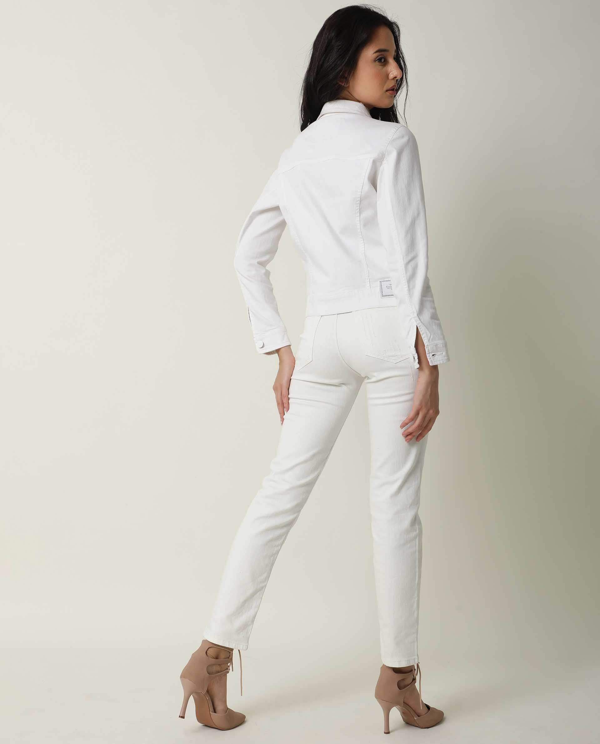 Rareism Women Misso White Cotton Lycra Fabric Full Sleeves Solid Shirt Collar Jacket
