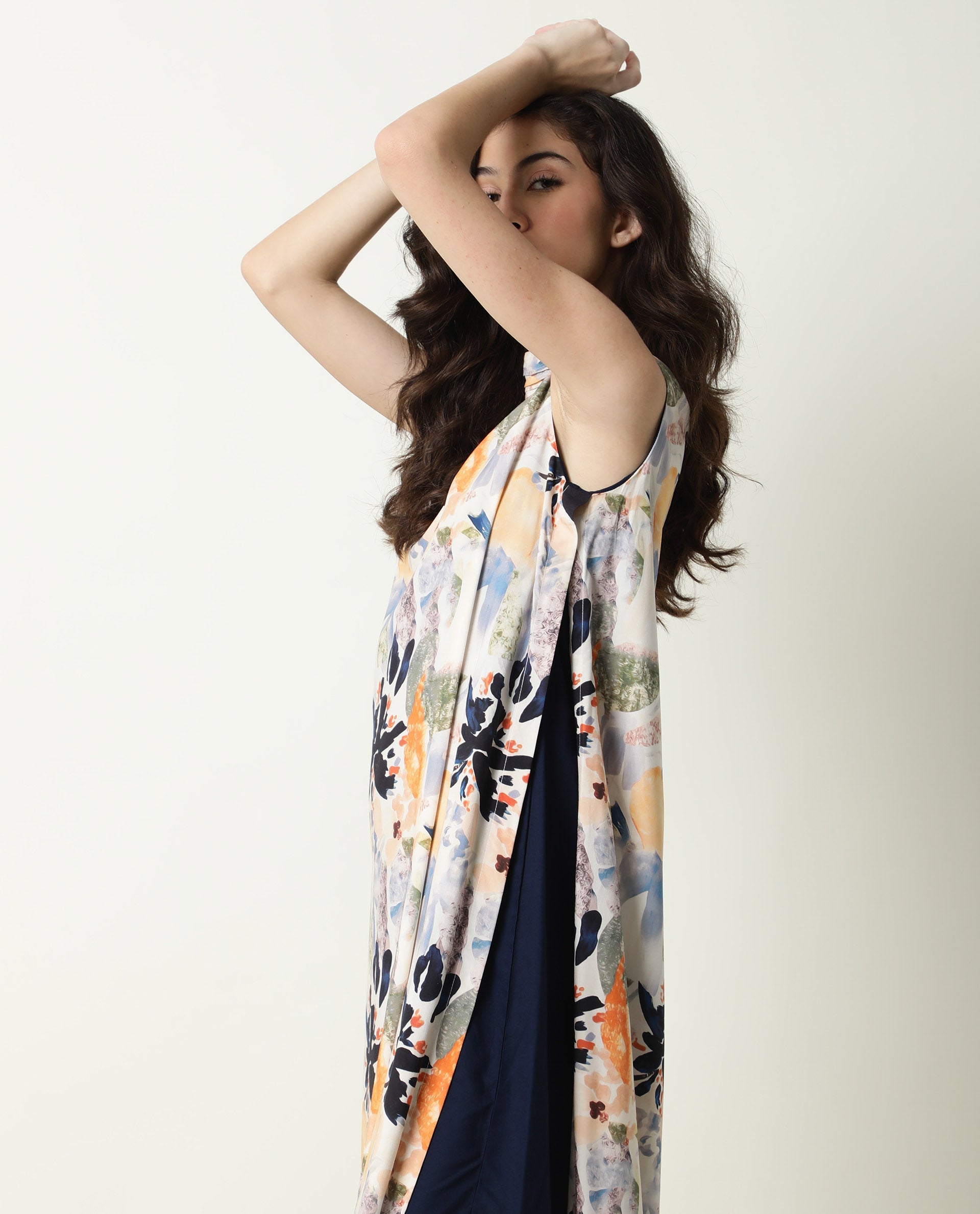 Rareism Women Isa Multi Abstract Print High Neck Band Collar With Ruffles Side Full Slit And Back Button Closure Maxi Dress