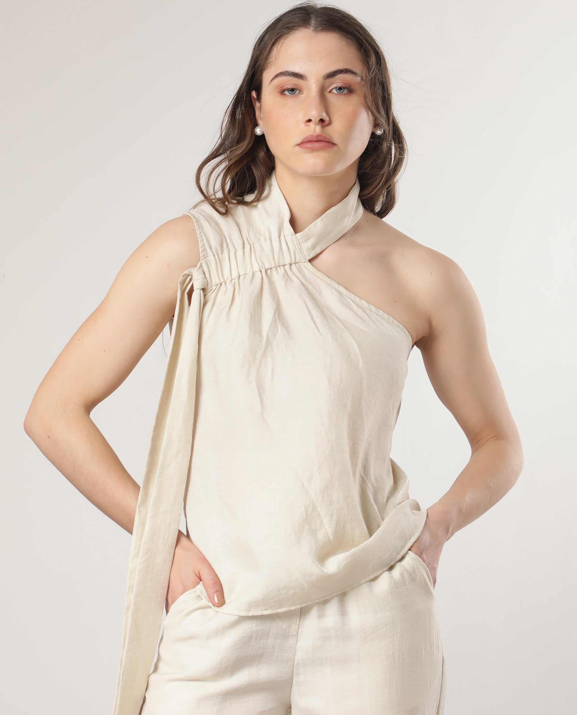 Rareism Women Urale Beige Rayon Nylon Fabric Slim Fit Halter Neck Off Shoulder Solid Top