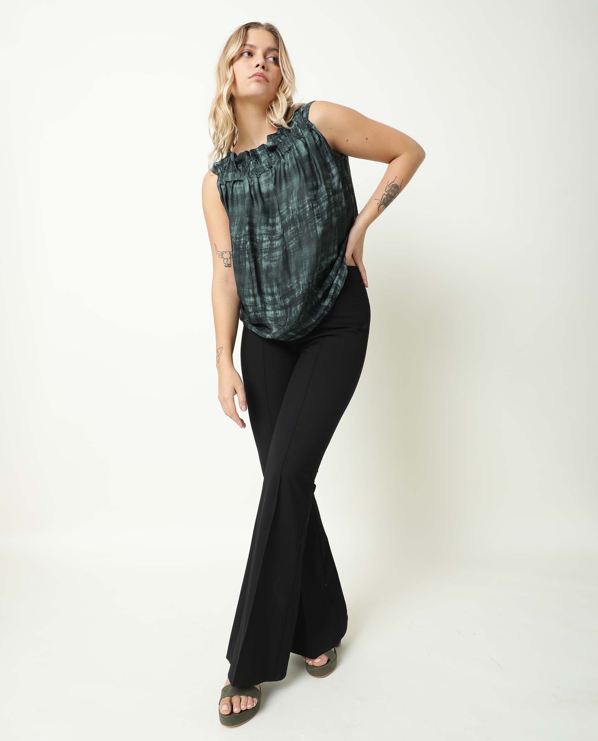 Rareism Women Chiat Green Modal Fabric Relaxed Fit Boat Neck Sleeveless Ombre Top