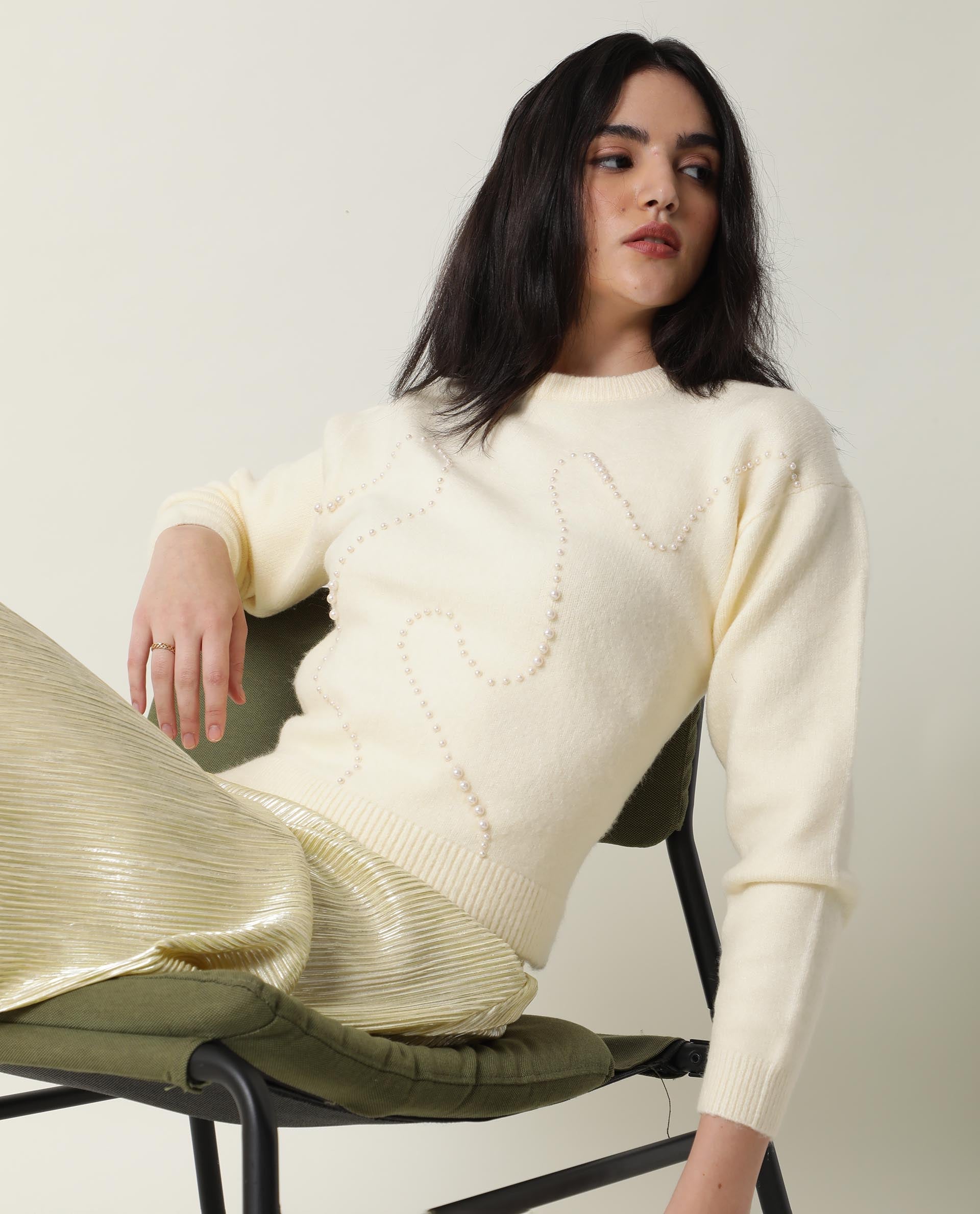 Rareism Women Tulsy Off White Acrylic Fabric Full Sleeves Knee Length Regular Fit Sequined Round Neck Sweater