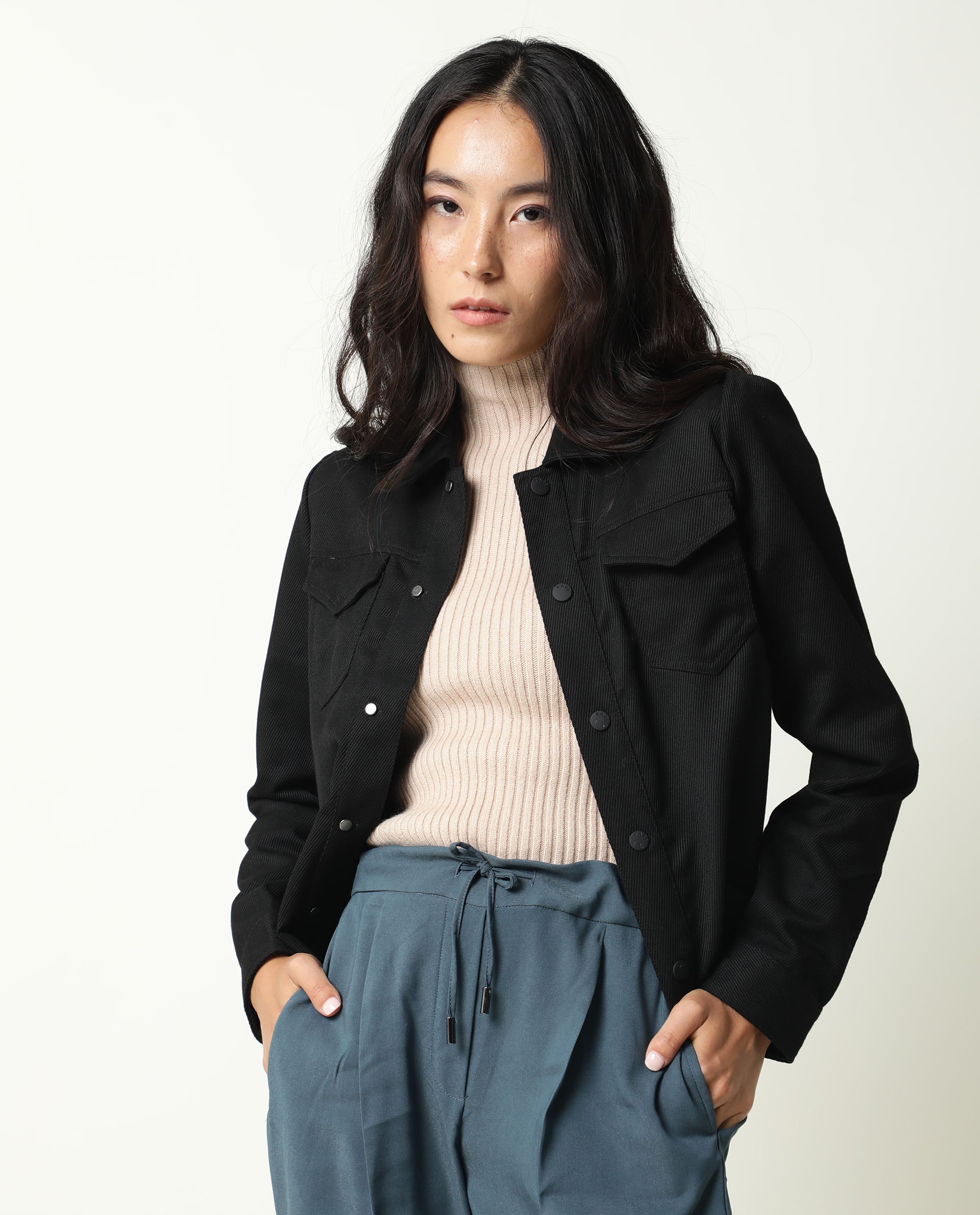 Rareism Women Taz Black Jacket Full Sleeves Solid