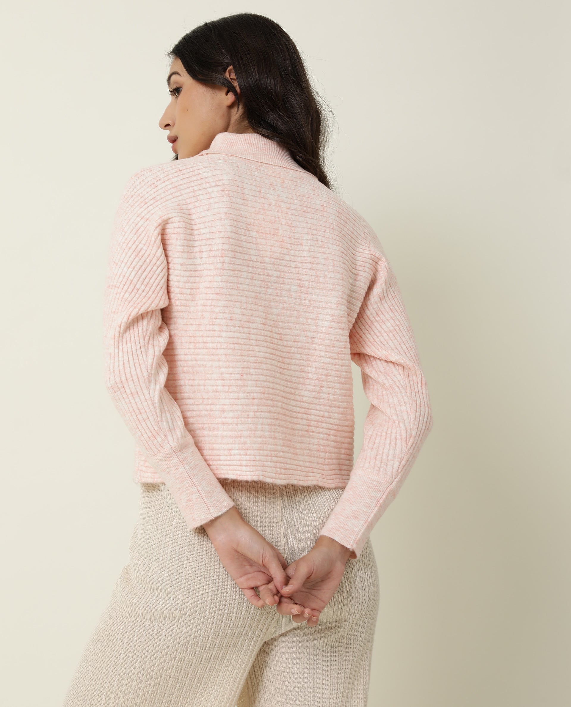 Rareism Women Levour Melange Pink Acrylic Fabric Full Sleeves Relaxed Fit Solid Turtle Neck Sweater