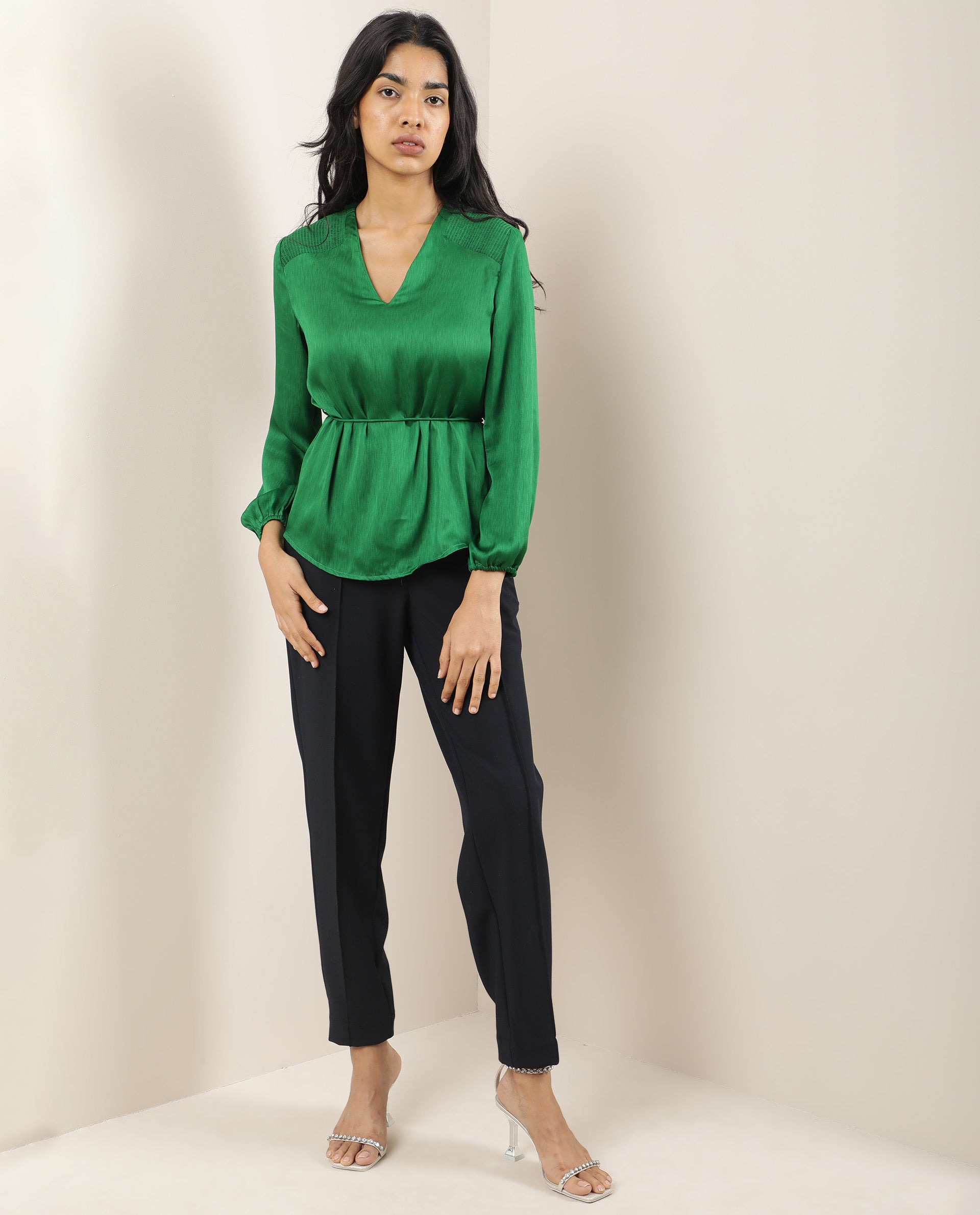 Rareism Womens Dronite Green Top Polyester Fabric Full Sleeve V Neck