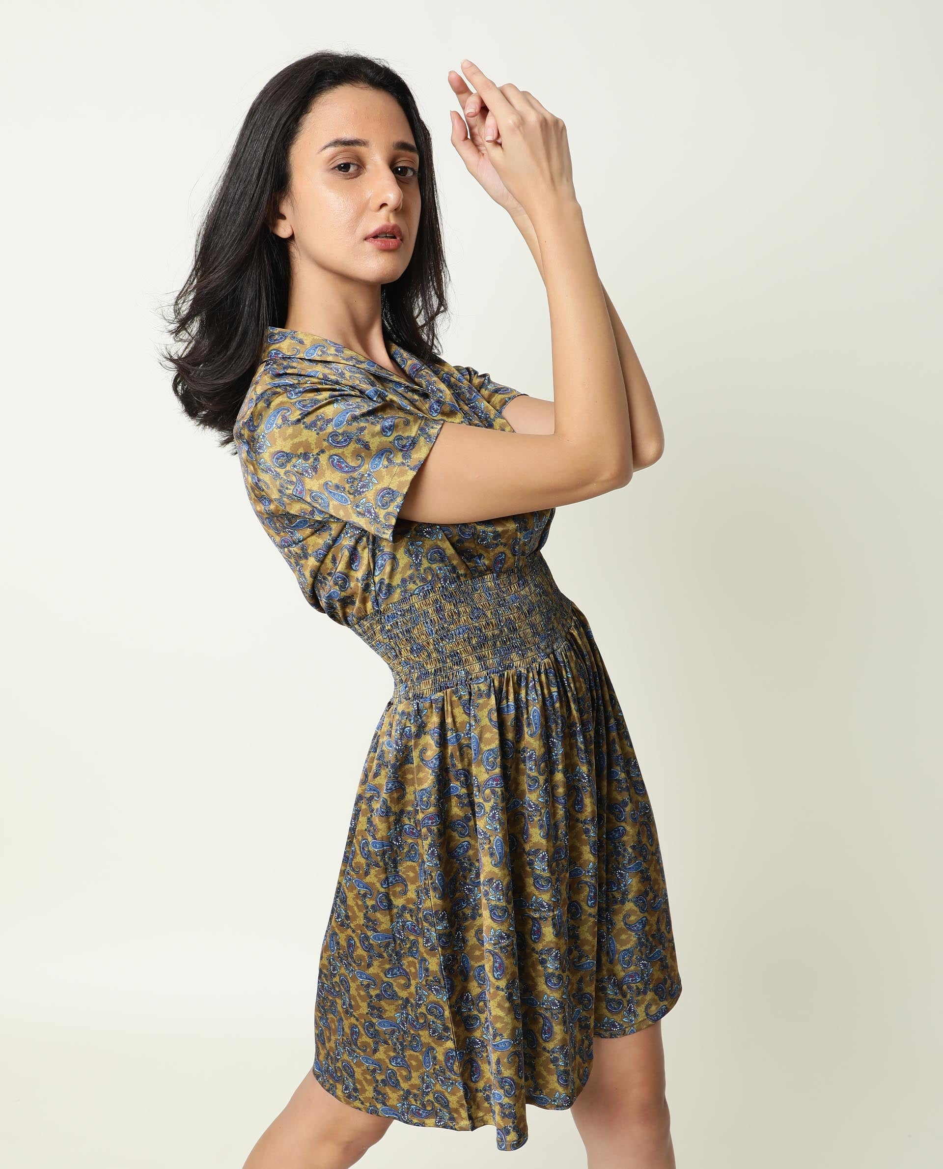 Rareism Women Joss Light Olive Paisley Print Overlap Lapel Collar Short Sleeves Smocked Elastic Waist Mini Dress