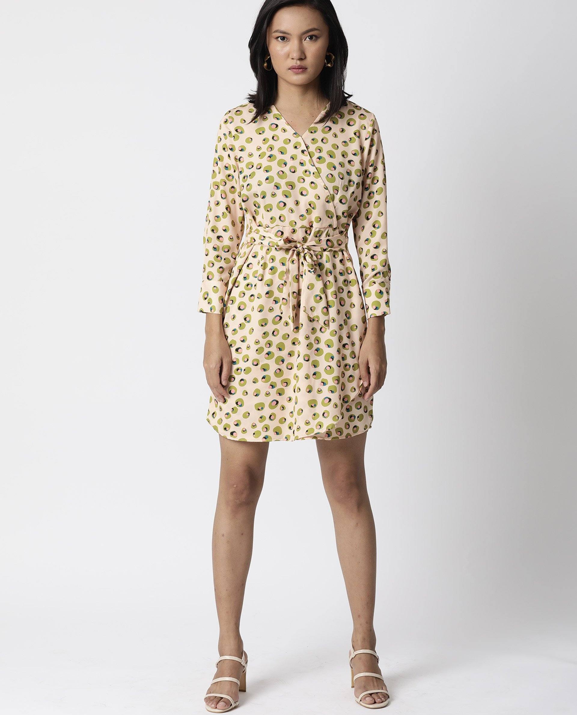 Rareism Women Perk Peach Printed V Wrap Neck Full Sleeves With Cuff And Fabric Waist Belt Mini Dress