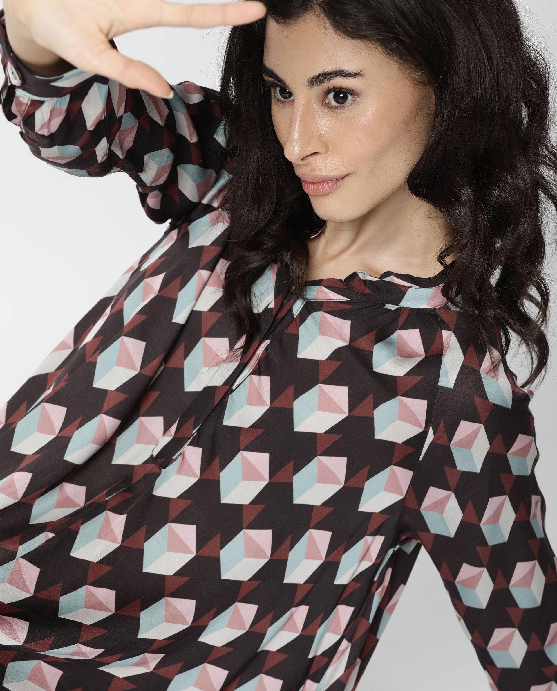 Rareism Women Engine Brown Dress Full Sleeves Printed
