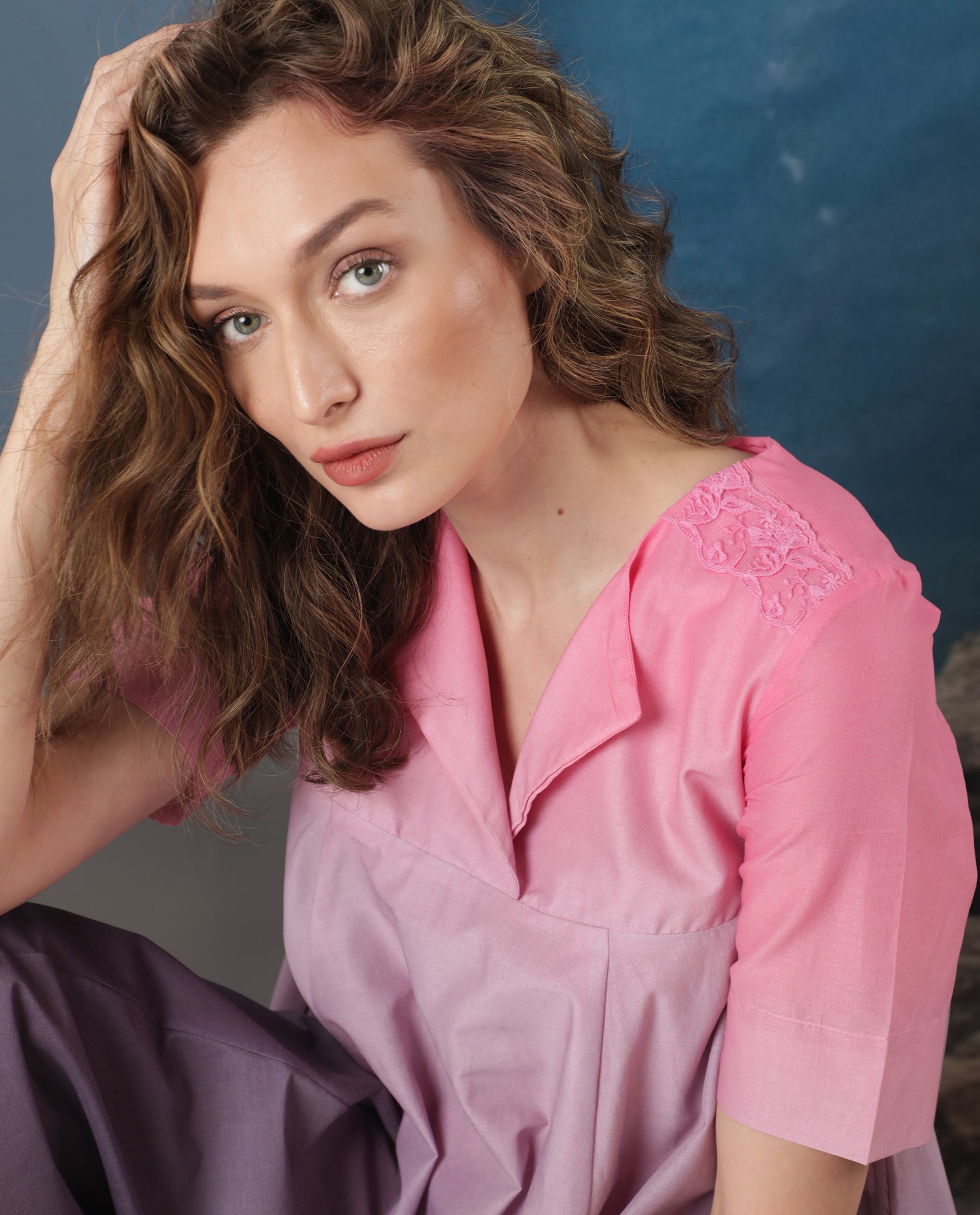 Rareism Women Celine Purple Cotton Fabric Short Sleeves Over Lap Flared Fit Ombre Knee Length Empire Dress