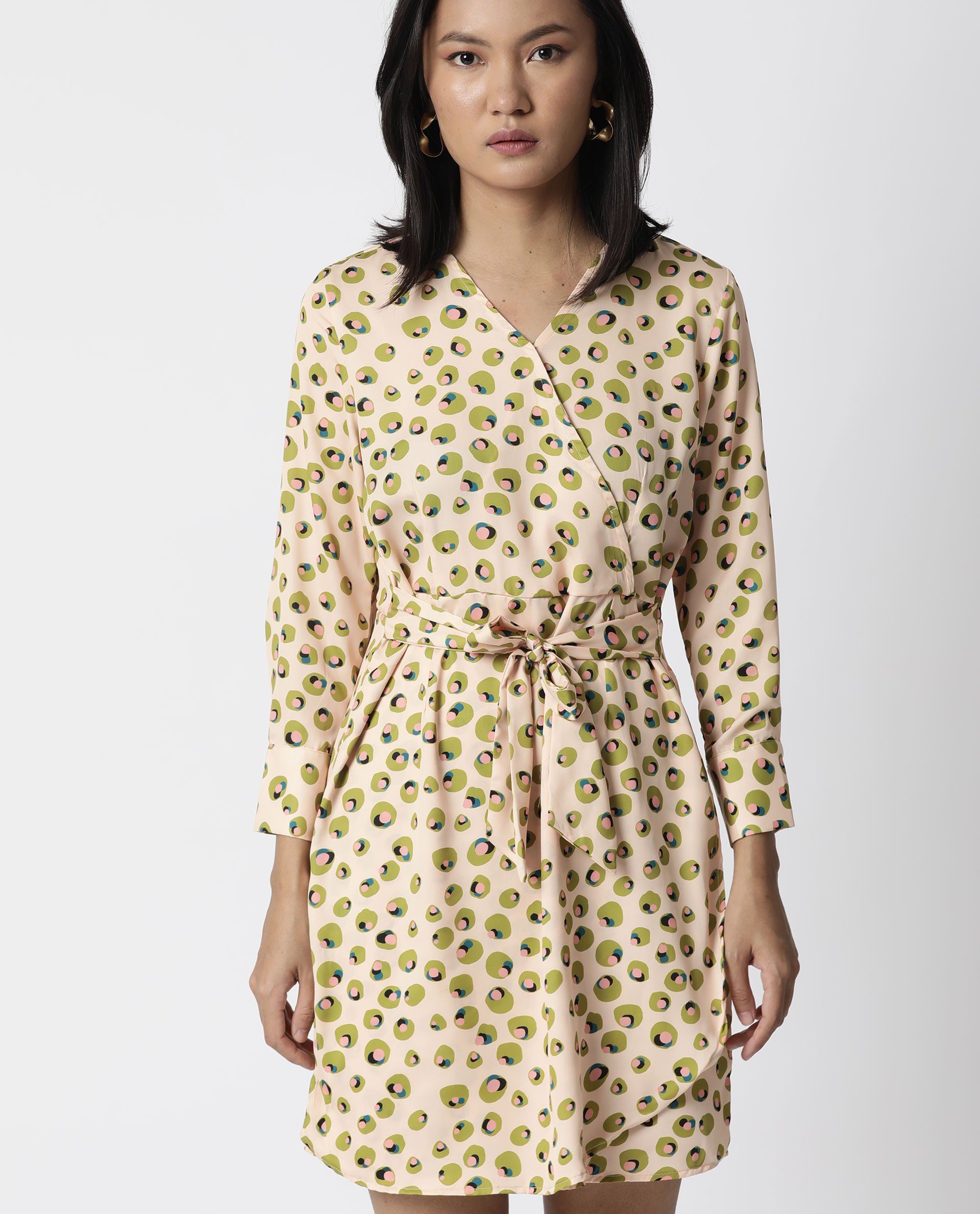 Rareism Women Perk Peach Printed V Wrap Neck Full Sleeves With Cuff And Fabric Waist Belt Mini Dress