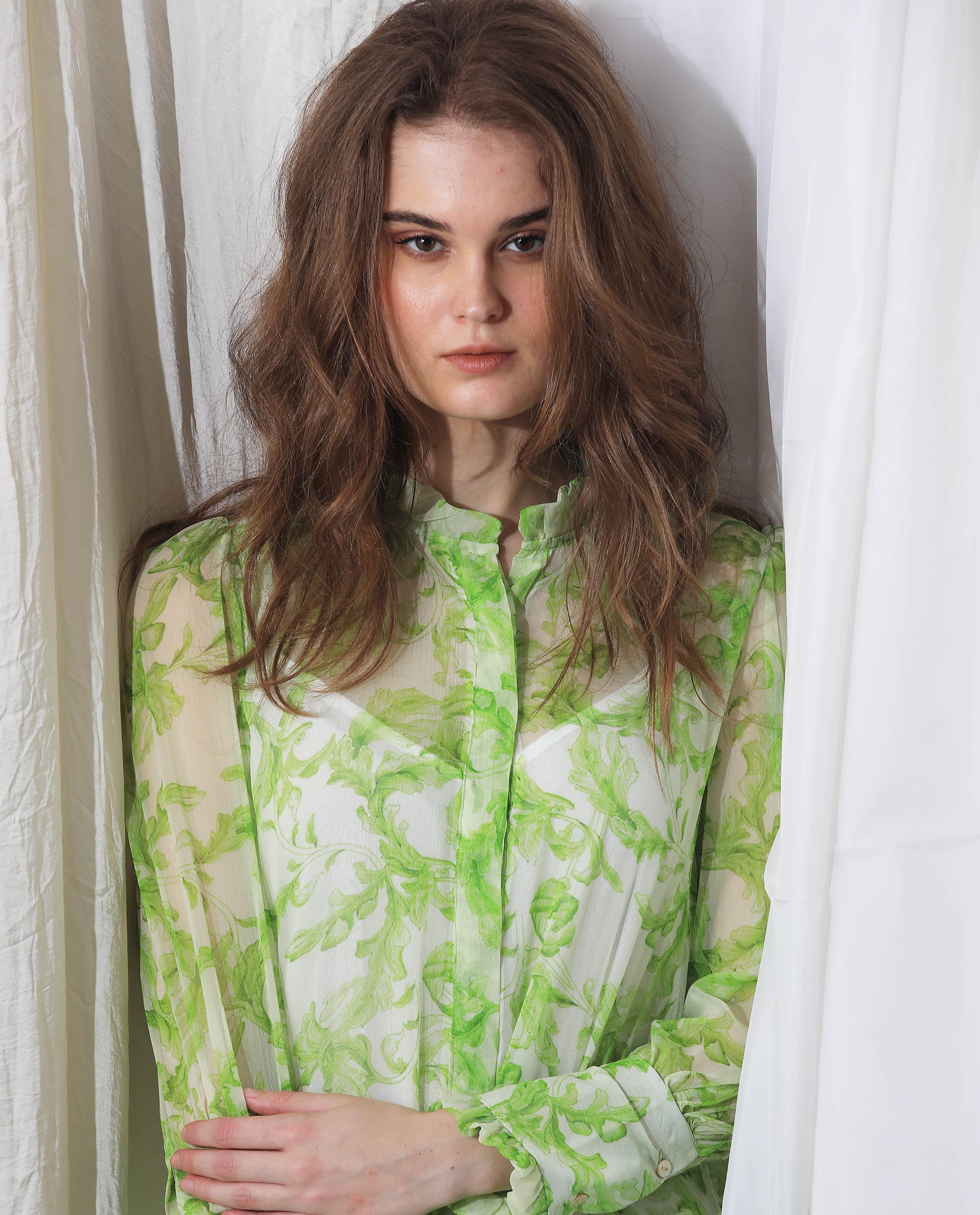 Rareism Women's Quin Green Polyester Fabric Ruffled Neck Button Closure Ruffled Sleeve Floral Print Knee Length Dress