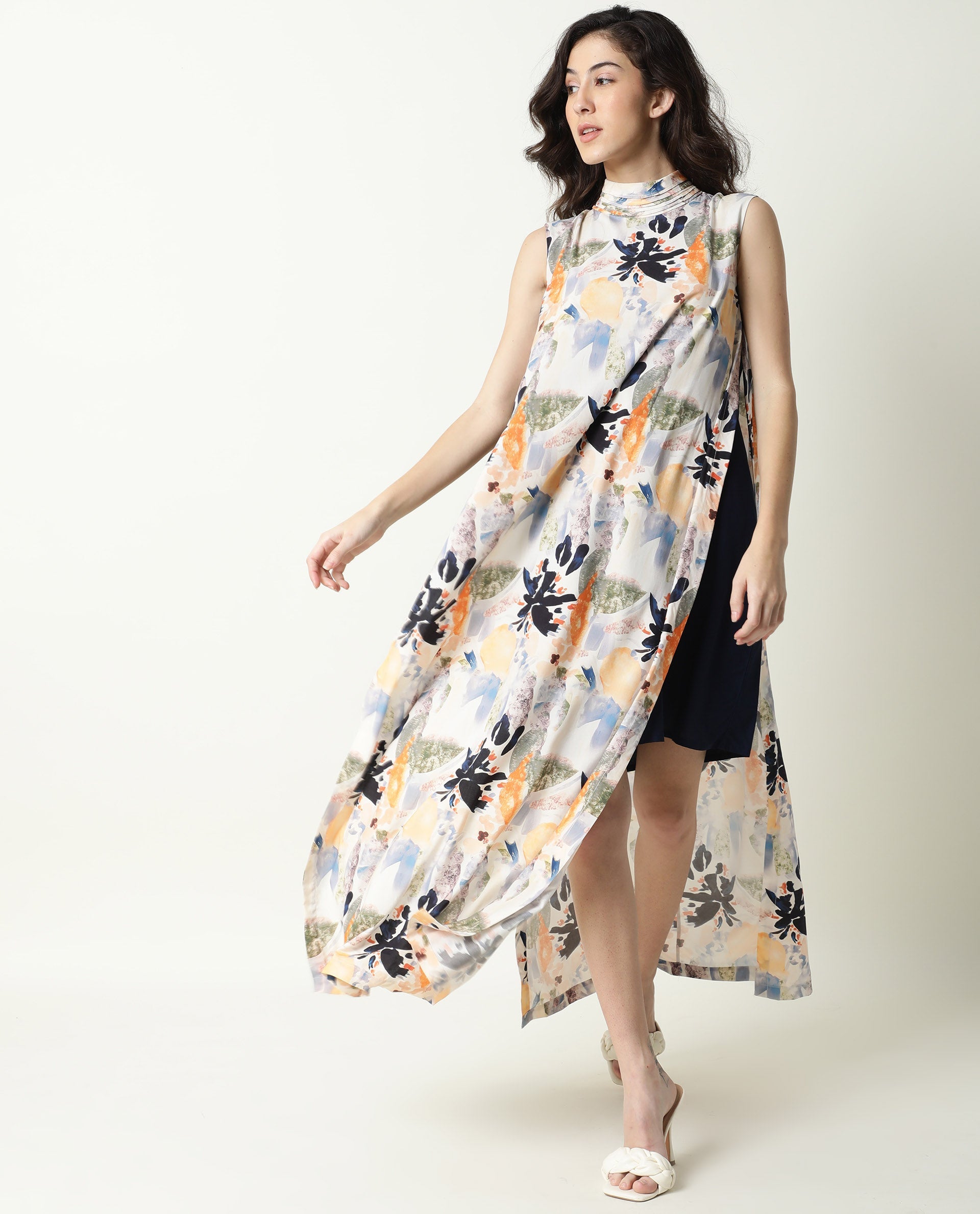 Rareism Women Isa Multi Abstract Print High Neck Band Collar With Ruffles Side Full Slit And Back Button Closure Maxi Dress